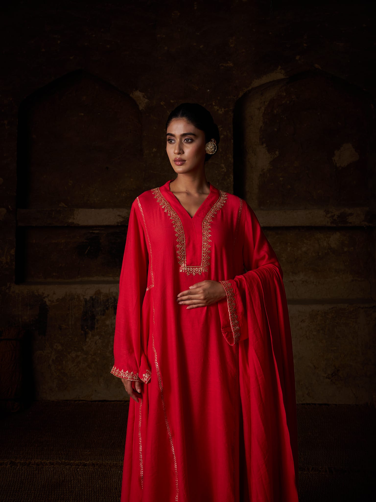 Red Tilla Embroidered Round Kurta palazzo Linen Crepe Dupatta