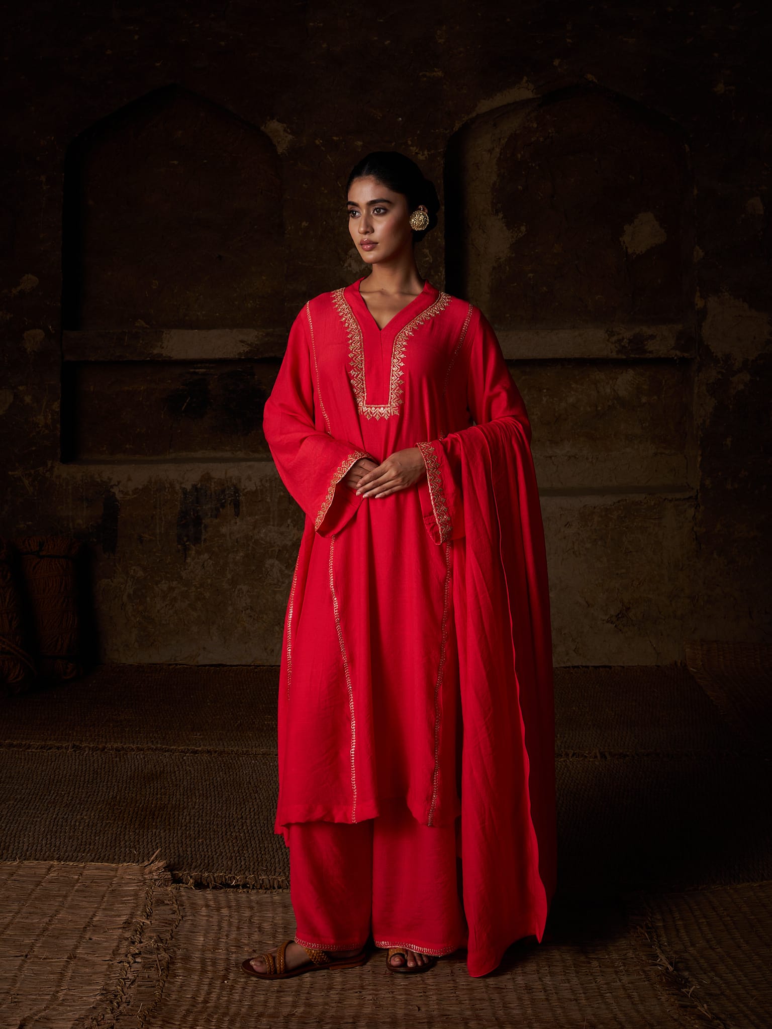 Red Tilla Embroidered Round Kurta palazzo Linen Crepe Dupatta