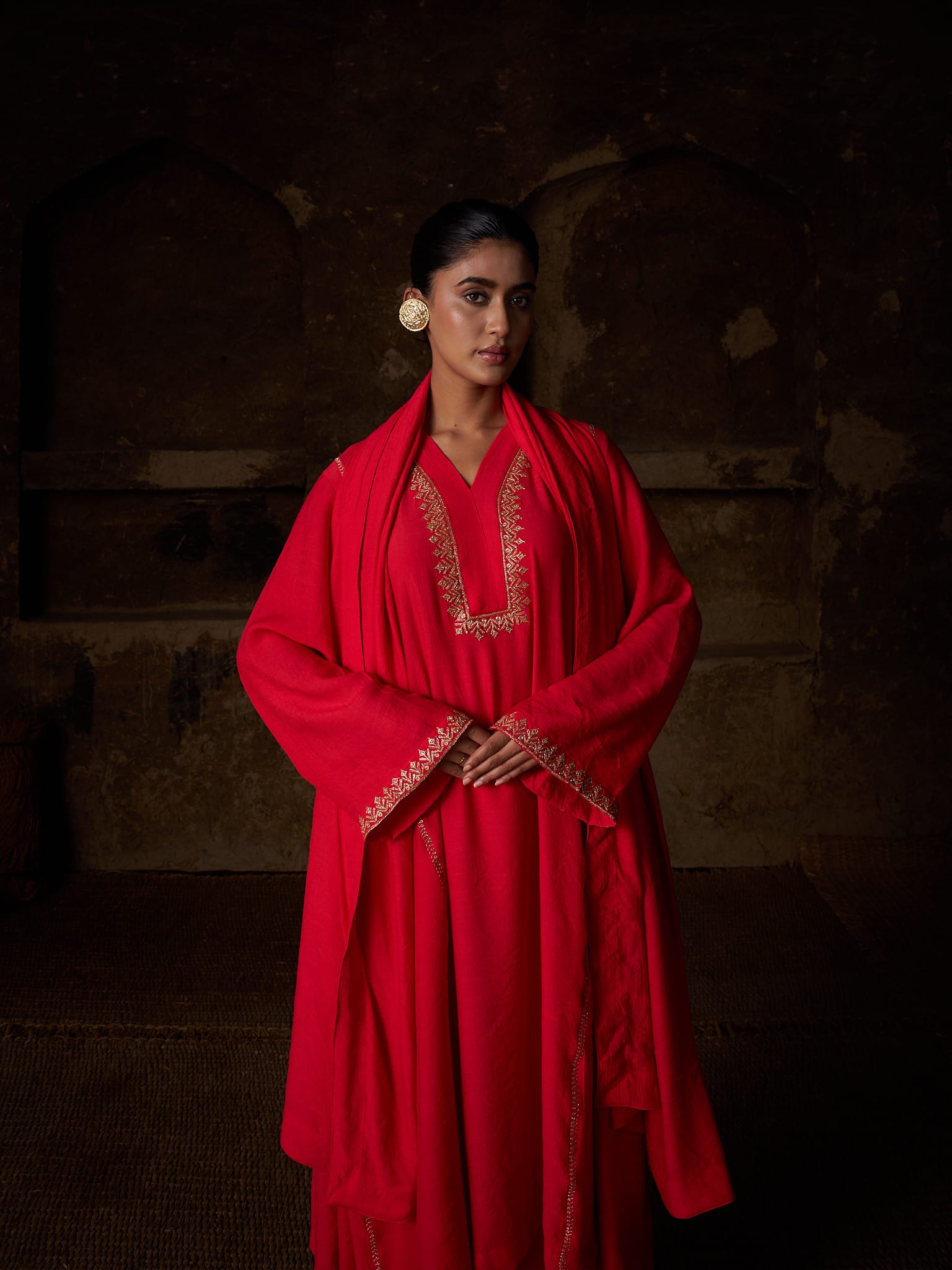 Red Tilla Embroidered Round Kurta palazzo Linen Crepe Dupatta