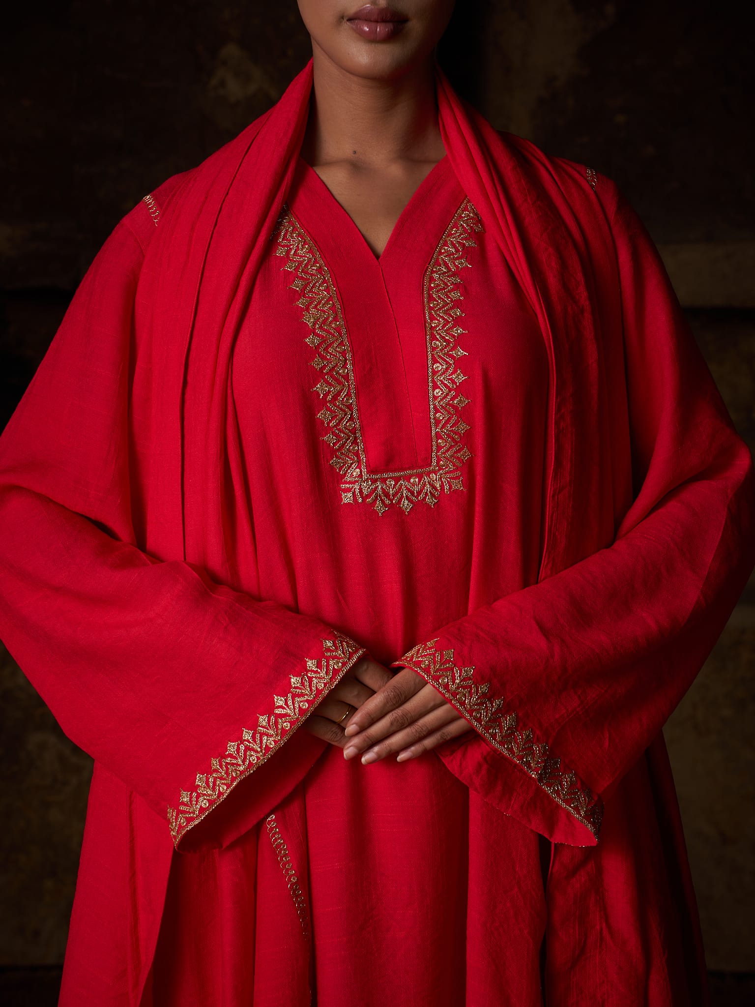 Red Tilla Embroidered Round Kurta palazzo Linen Crepe Dupatta