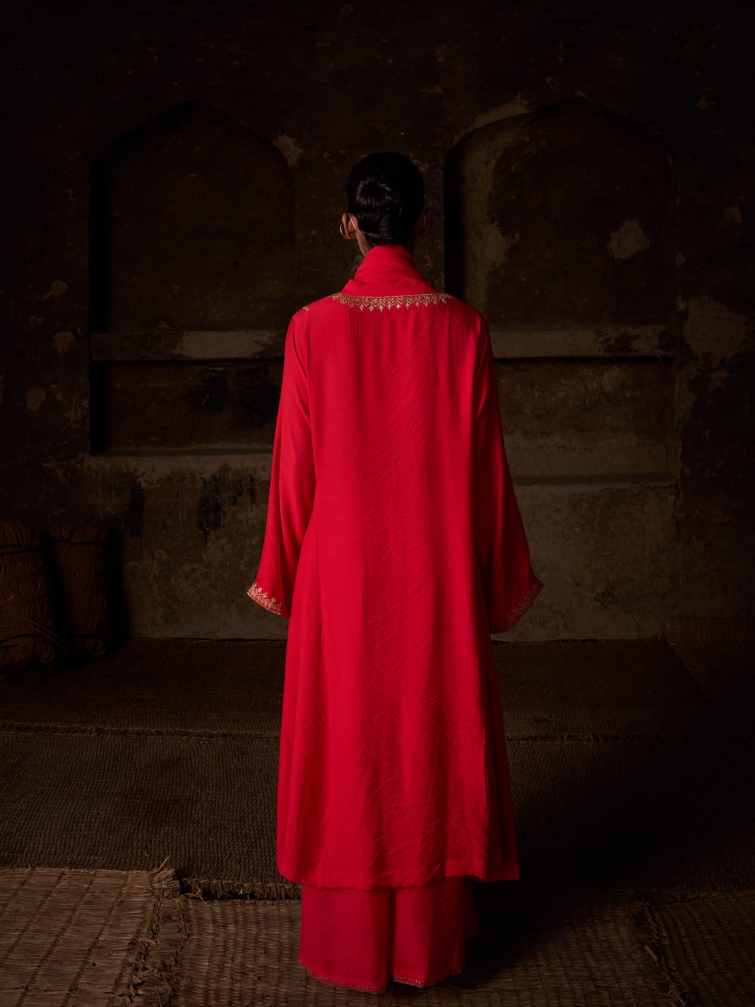 Red Tilla Embroidered Round Kurta palazzo Linen Crepe Dupatta