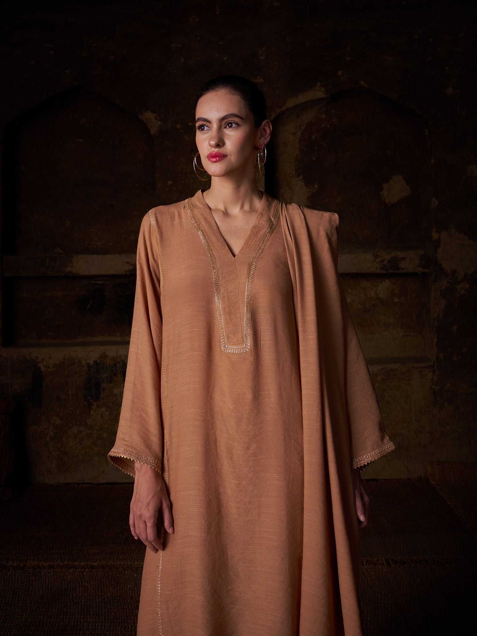Beige Tilla Embroidered Kurta salwar Linen Crepe Dupatta