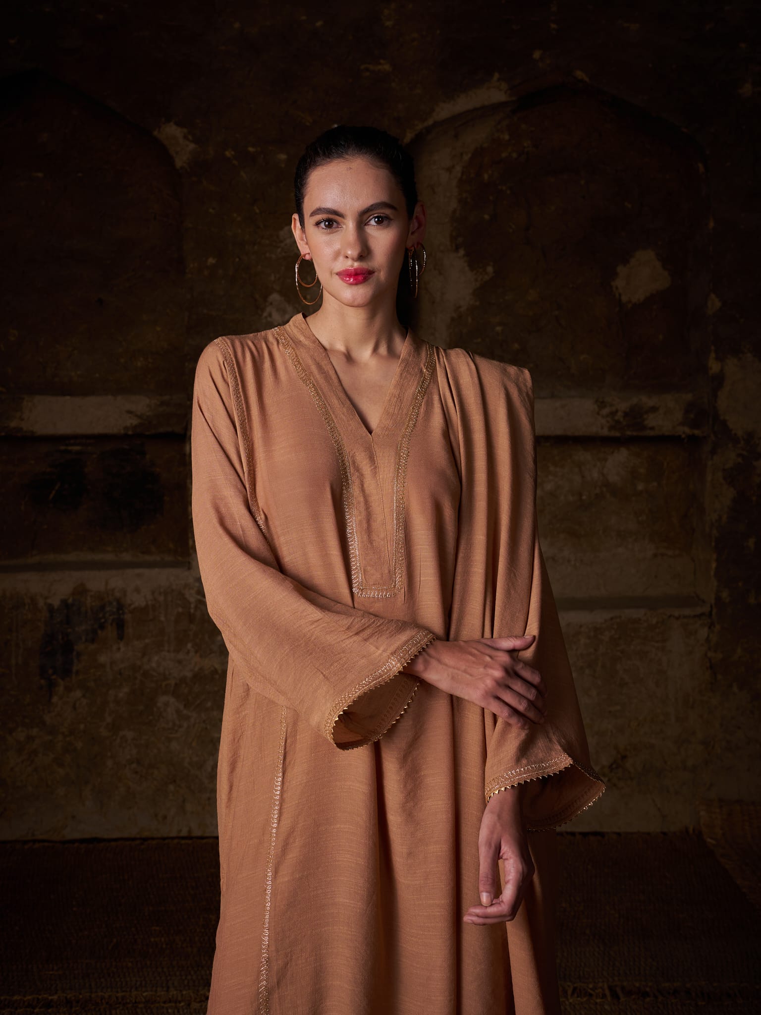 Beige Tilla Embroidered Kurta salwar Linen Crepe Dupatta