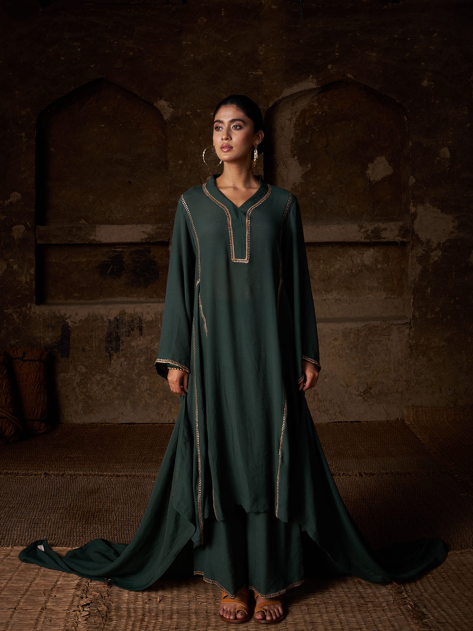 Green Tilla Embroidered Round Kurta Palazzo Linen Crepe Dupatta