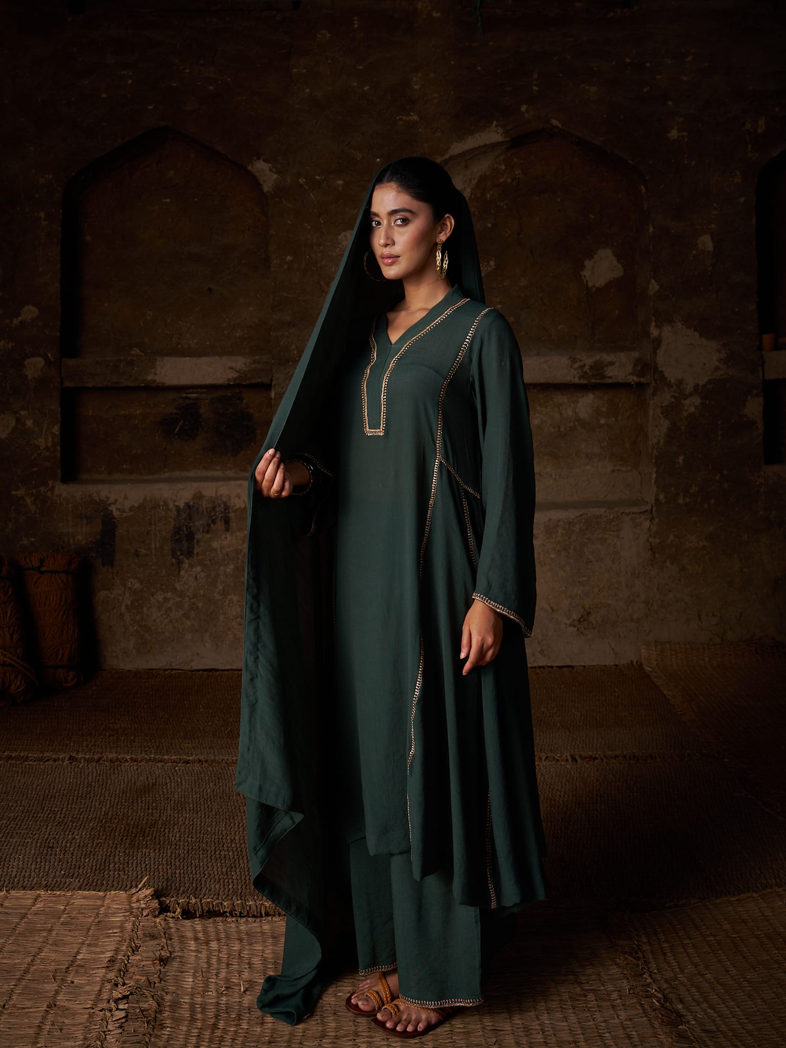 Green Tilla Embroidered Round Kurta Palazzo Linen Crepe Dupatta