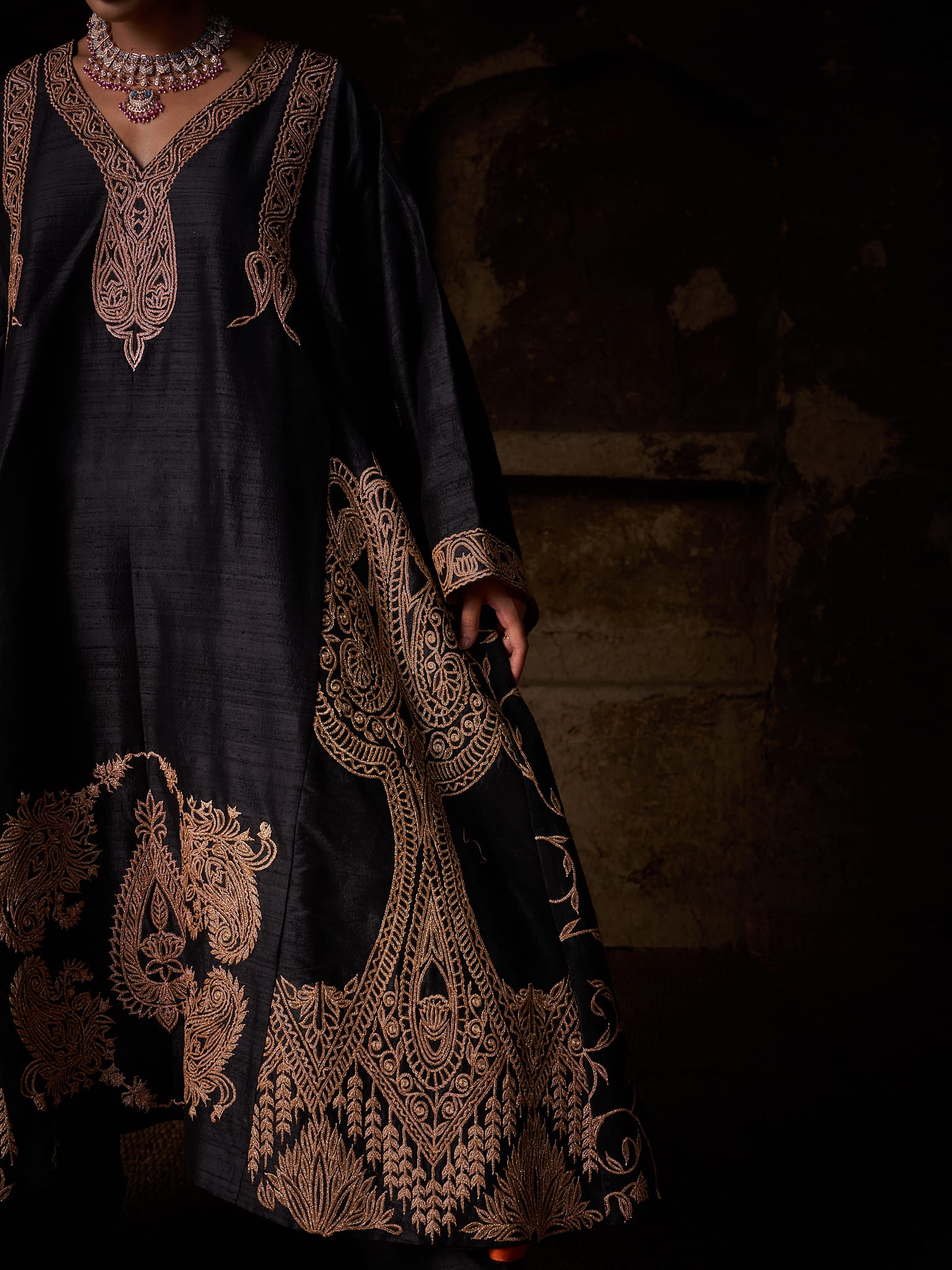 Black Raw Silk Kalidar Pheran Salwar Organza Mukaish Dupatta