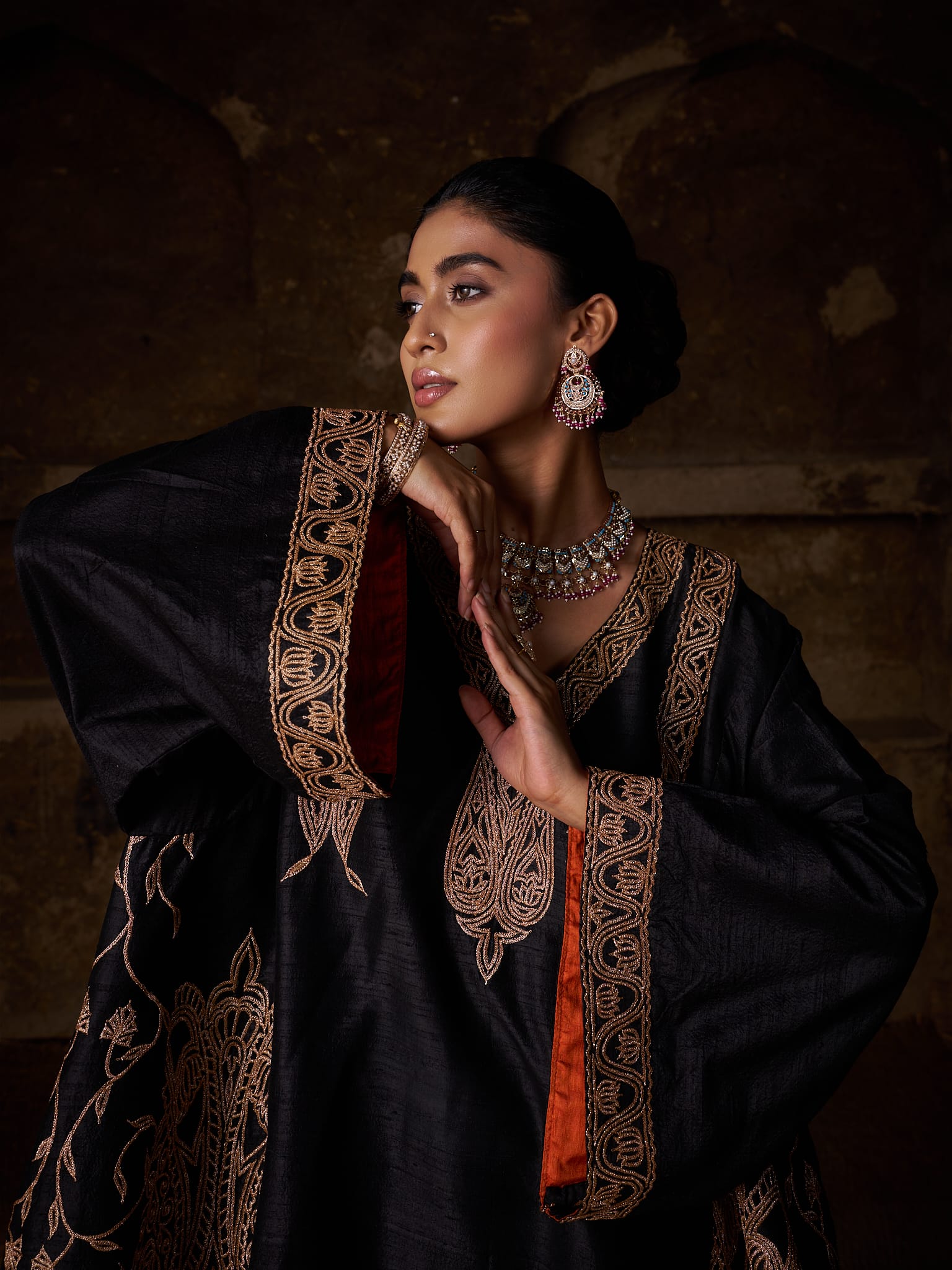 Black Raw Silk Kalidar Pheran Salwar Organza Mukaish Dupatta