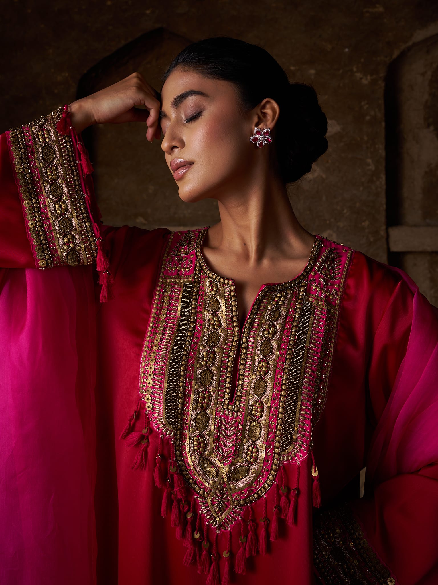 Red Hand Embroidered High Slit Shirt palazzo Organza Dupatta