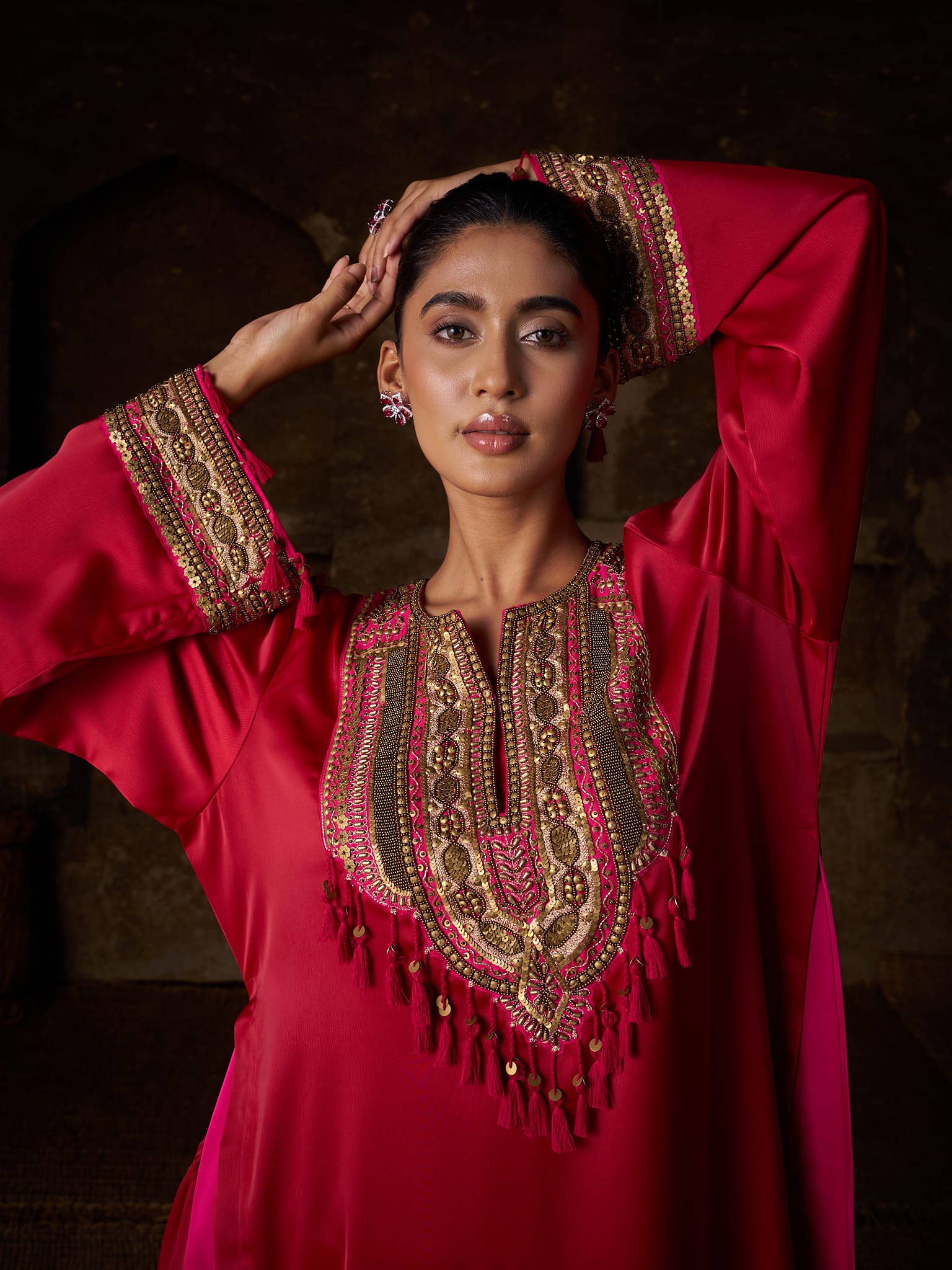 Red Hand Embroidered High Slit Shirt palazzo Organza Dupatta