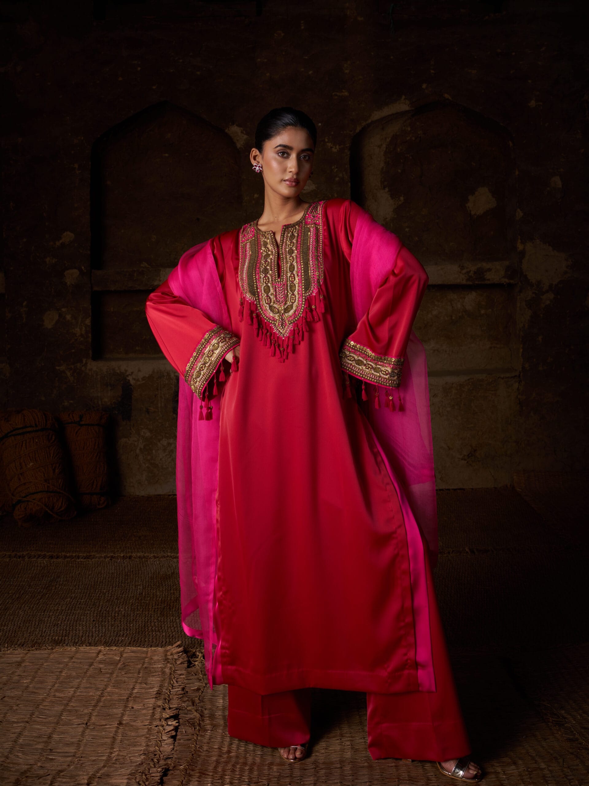Red Hand Embroidered High Slit Shirt palazzo Organza Dupatta