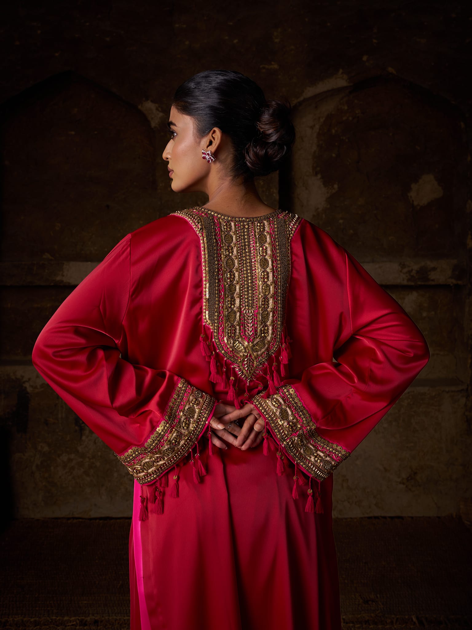 Red Hand Embroidered High Slit Shirt palazzo Organza Dupatta