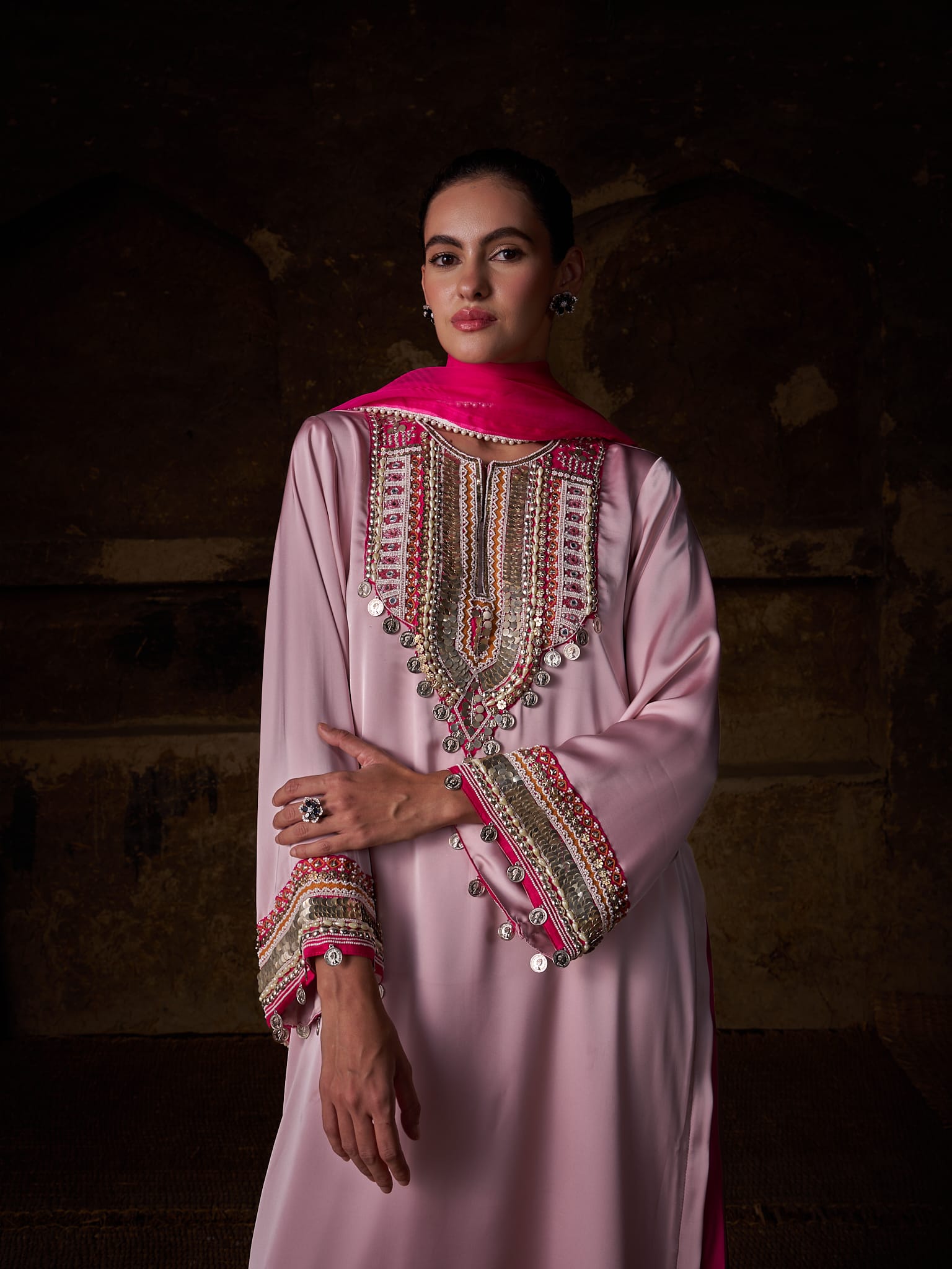 Pink Hand Embroidered High Slit Shirt Palazzo Organza Dupatta