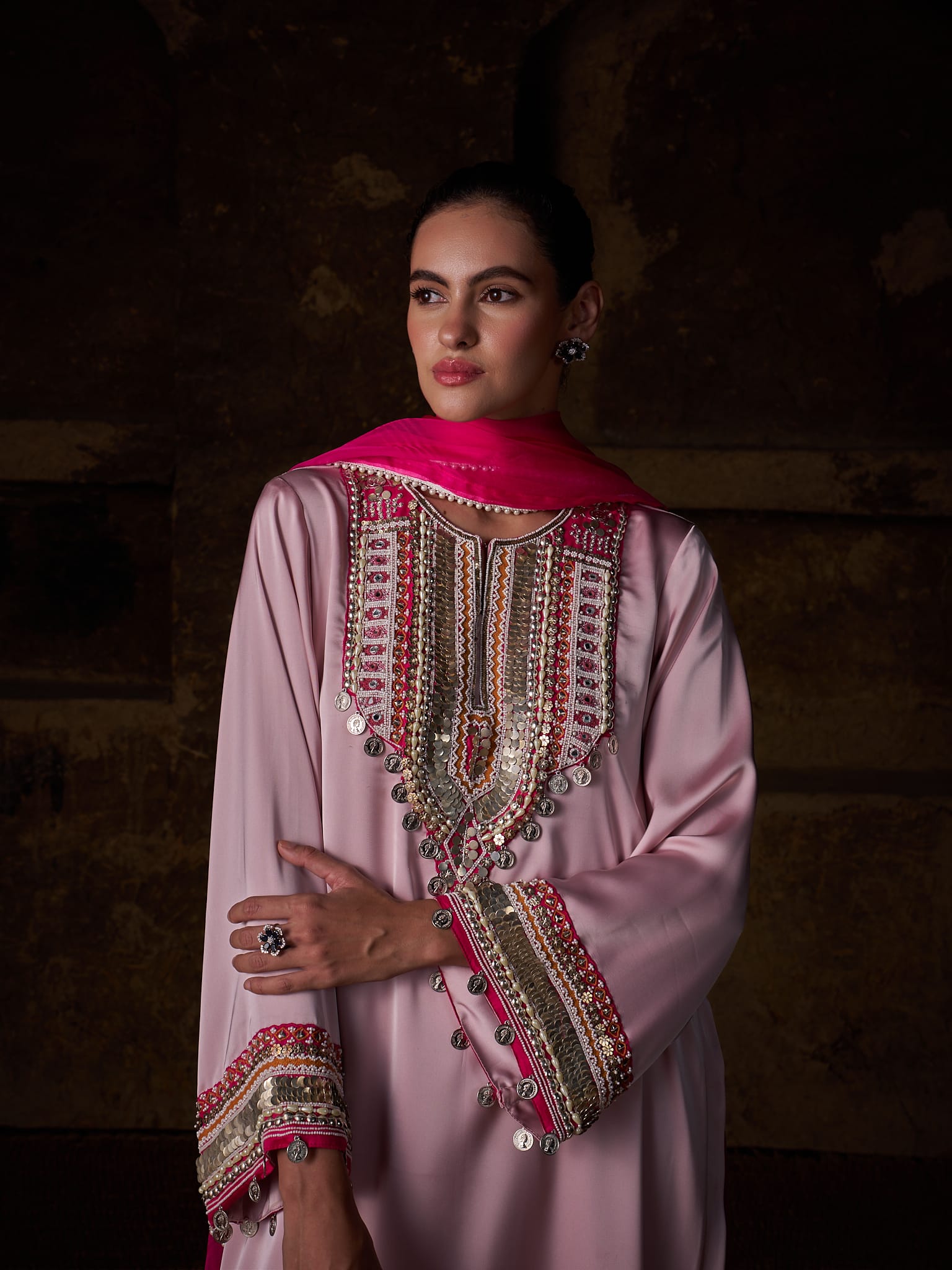 Pink Hand Embroidered High Slit Shirt Palazzo Organza Dupatta