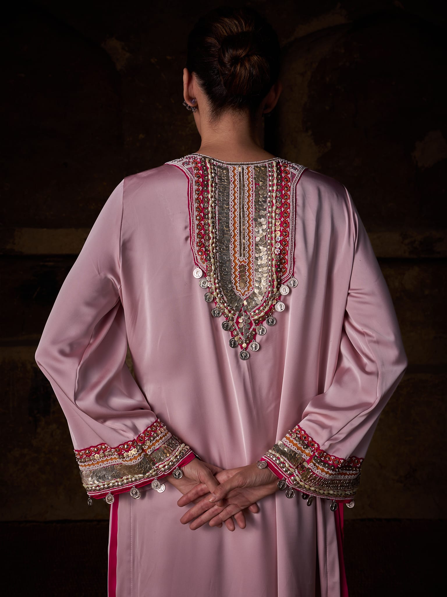 Pink Hand Embroidered High Slit Shirt Palazzo Organza Dupatta