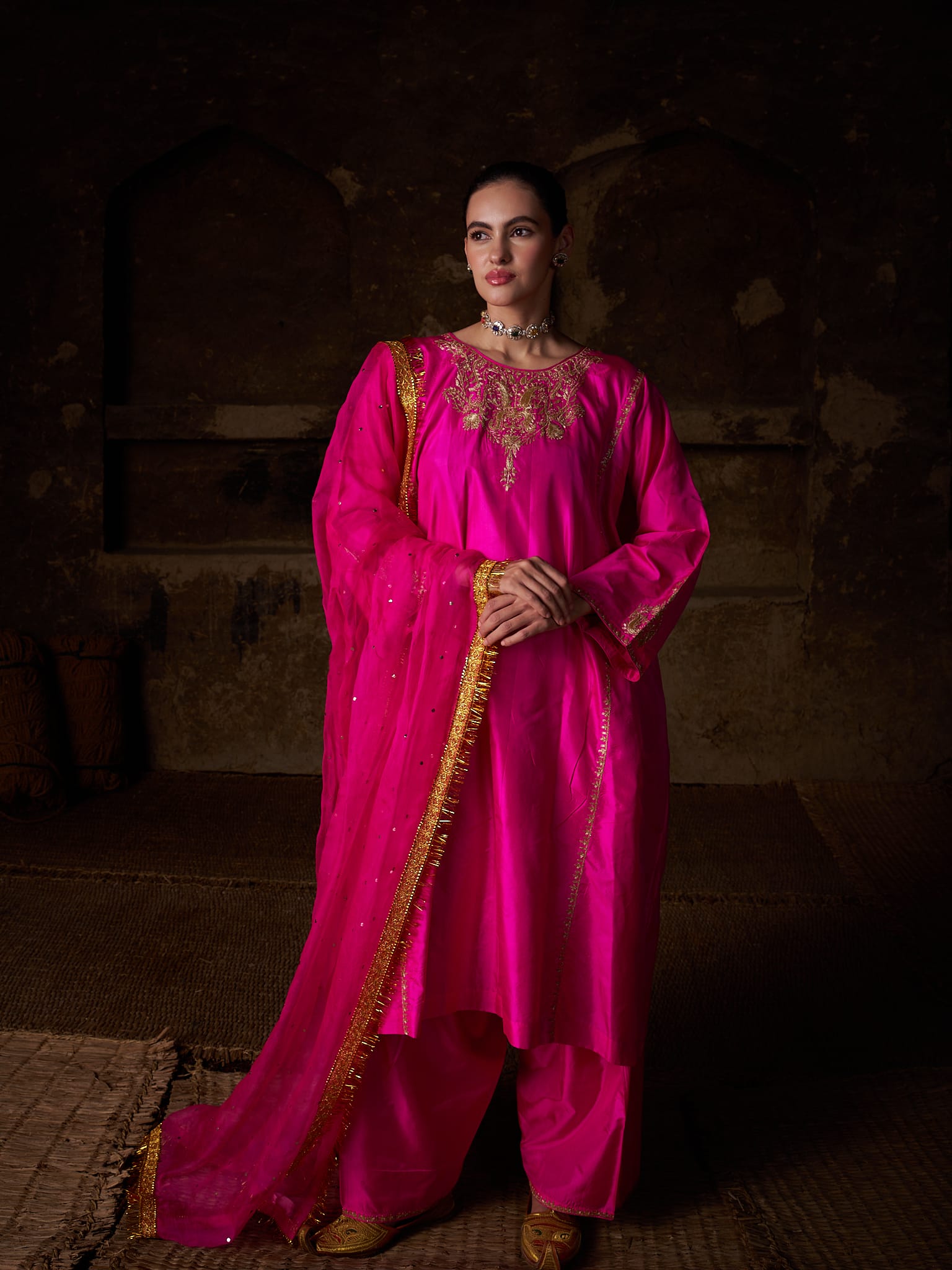 Hot Pink Tilla Embroidered Pheran Salwar Organza Mukaish Dupatta