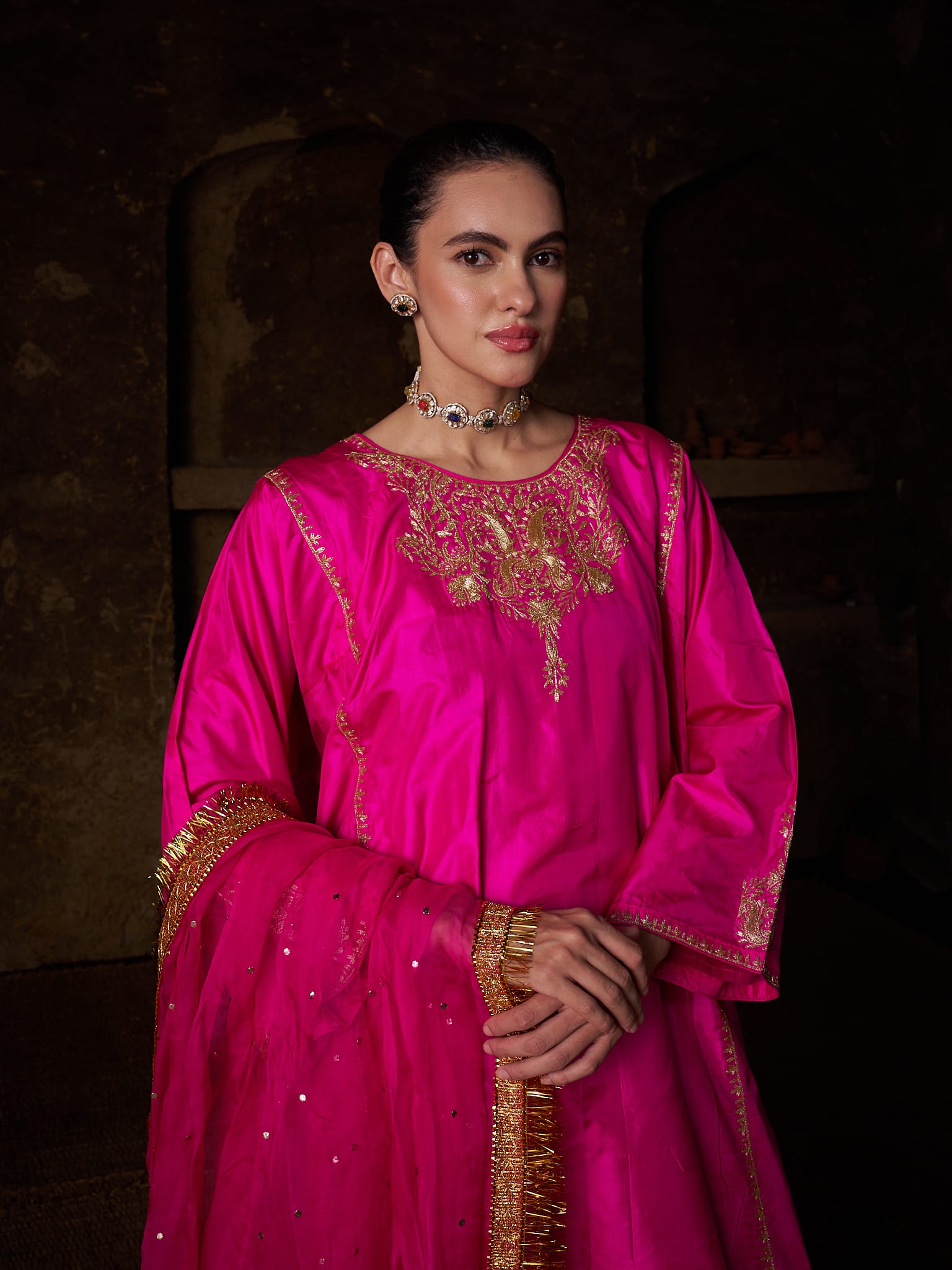 Hot Pink Tilla Embroidered Pheran Salwar Organza Mukaish Dupatta