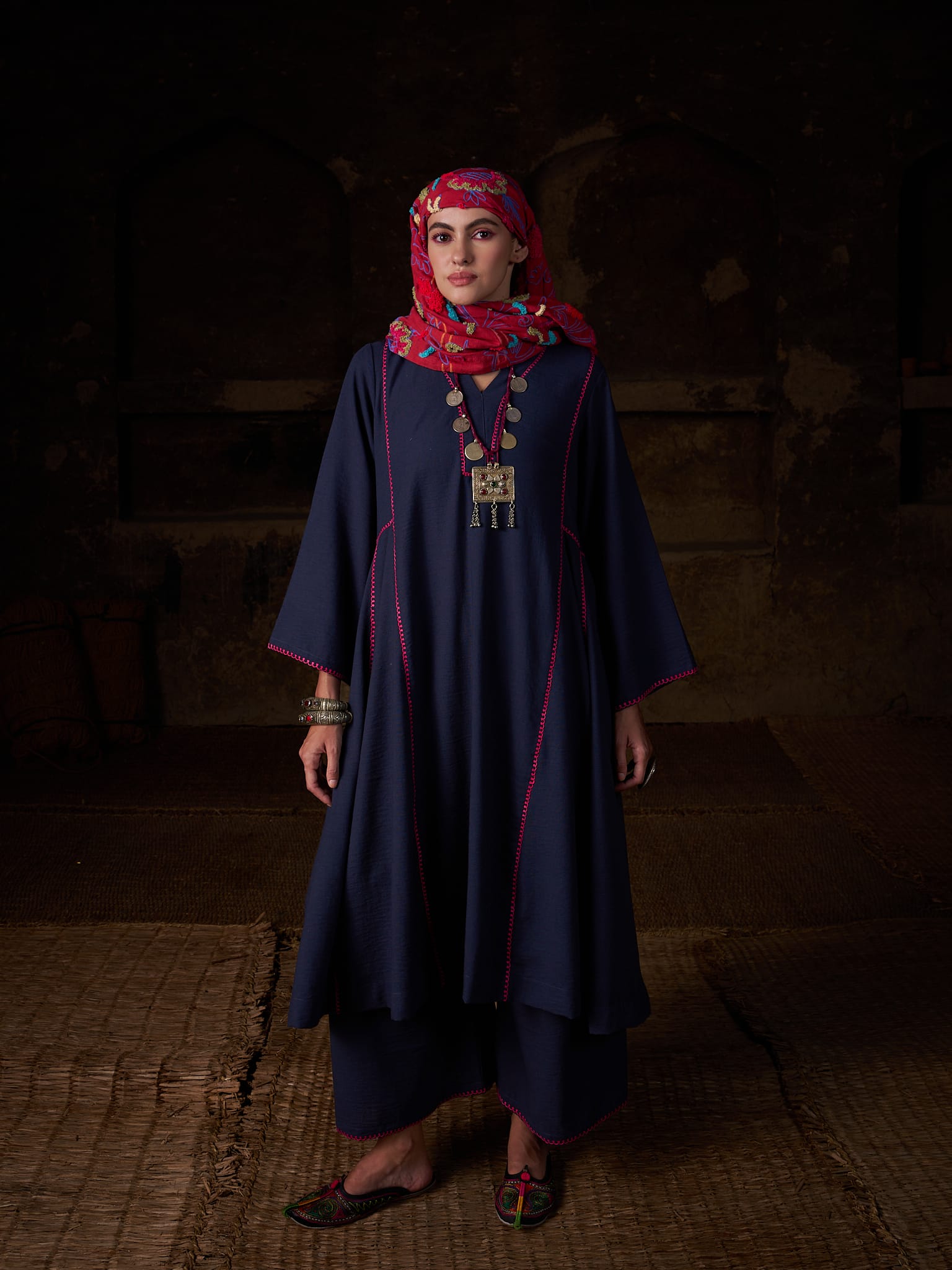 Navy Blue Ari Embroidered Kurta palazzo Scarf
