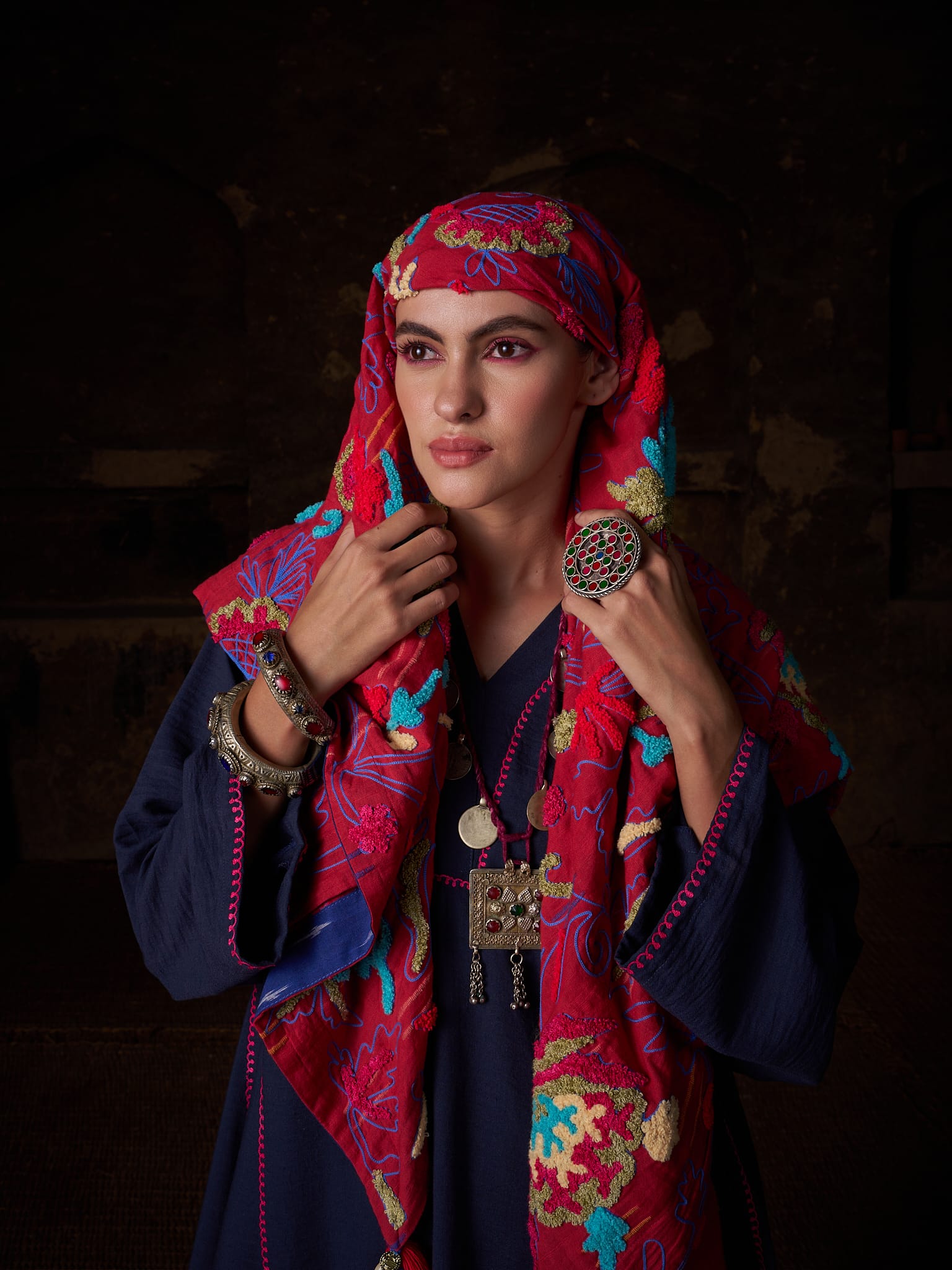 Navy Blue Ari Embroidered Kurta palazzo Scarf