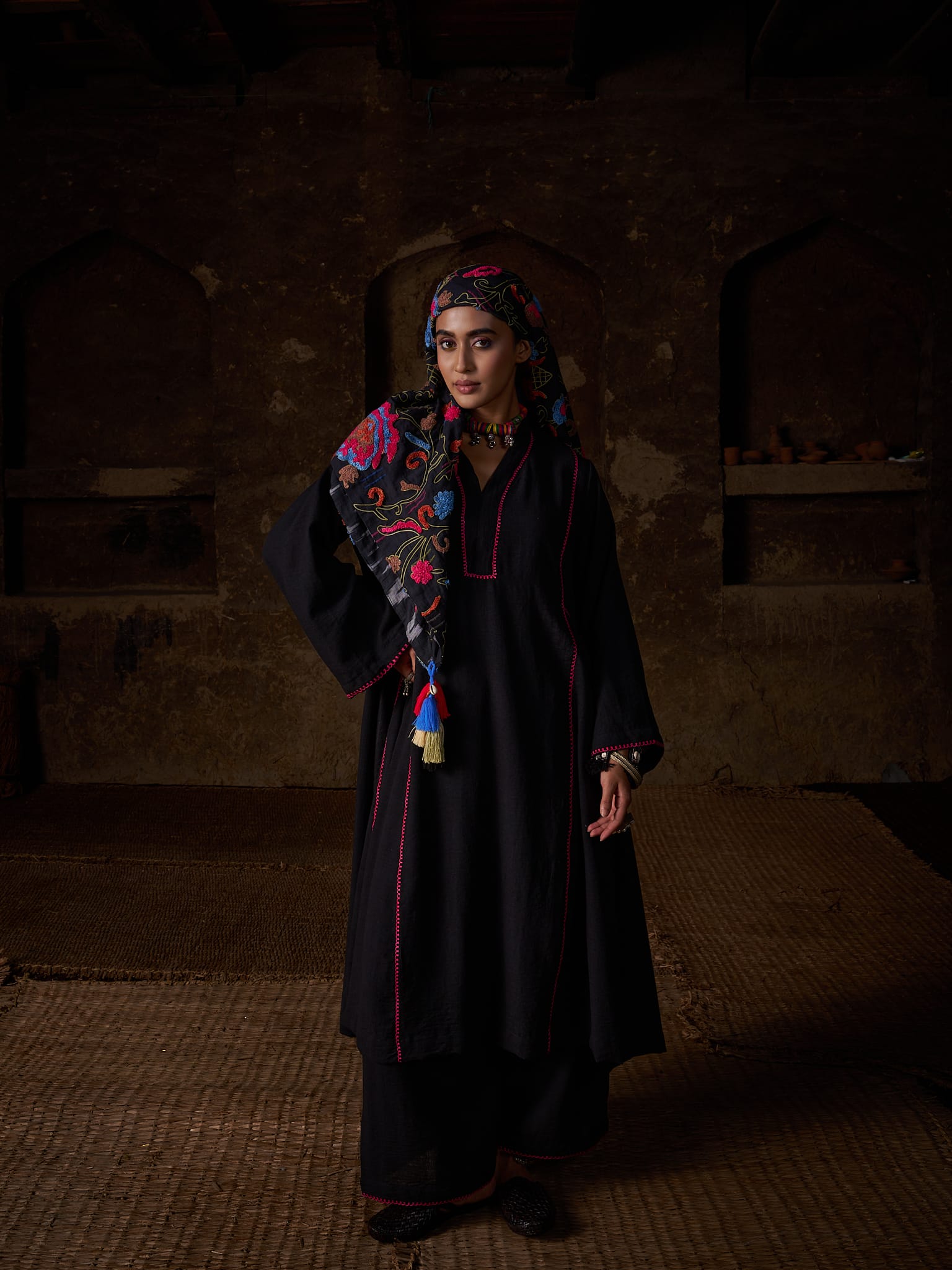 Black Ari Embroidered Round Kurta Palazzo Scarf