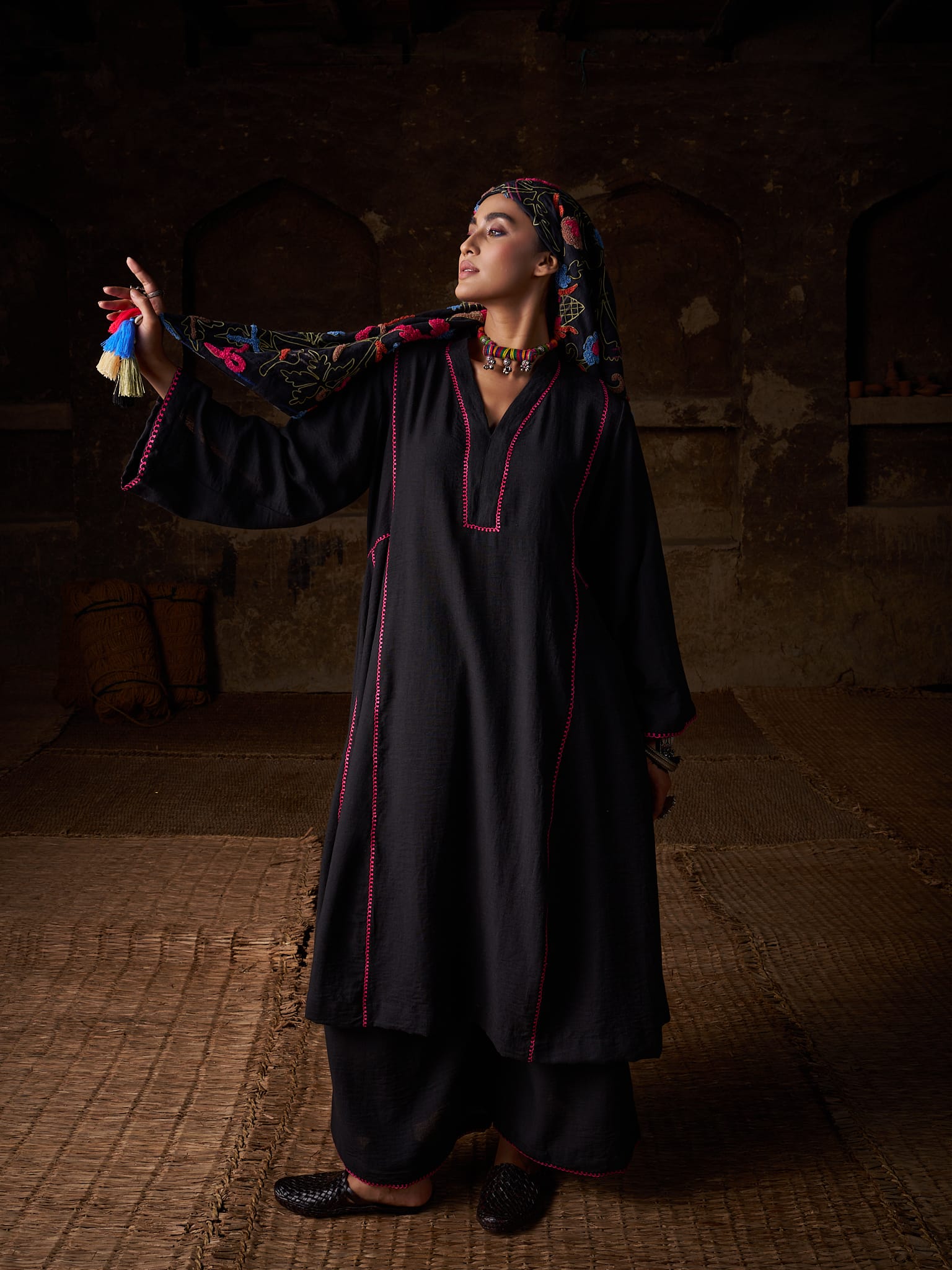 Black Ari Embroidered Round Kurta Palazzo Scarf