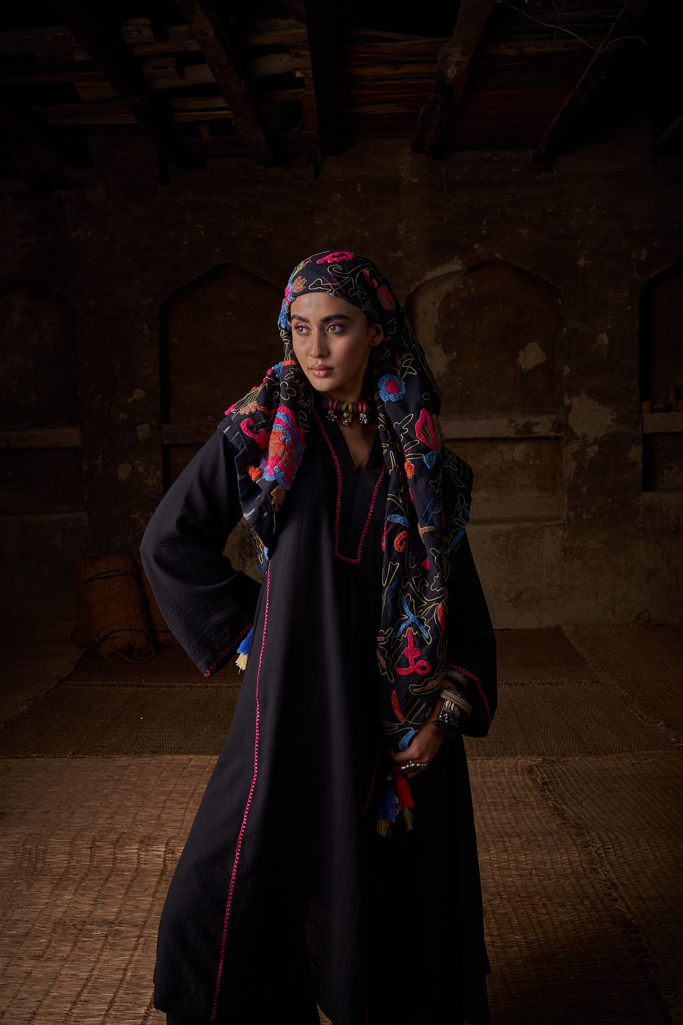 Black Ari Embroidered Round Kurta Palazzo Scarf