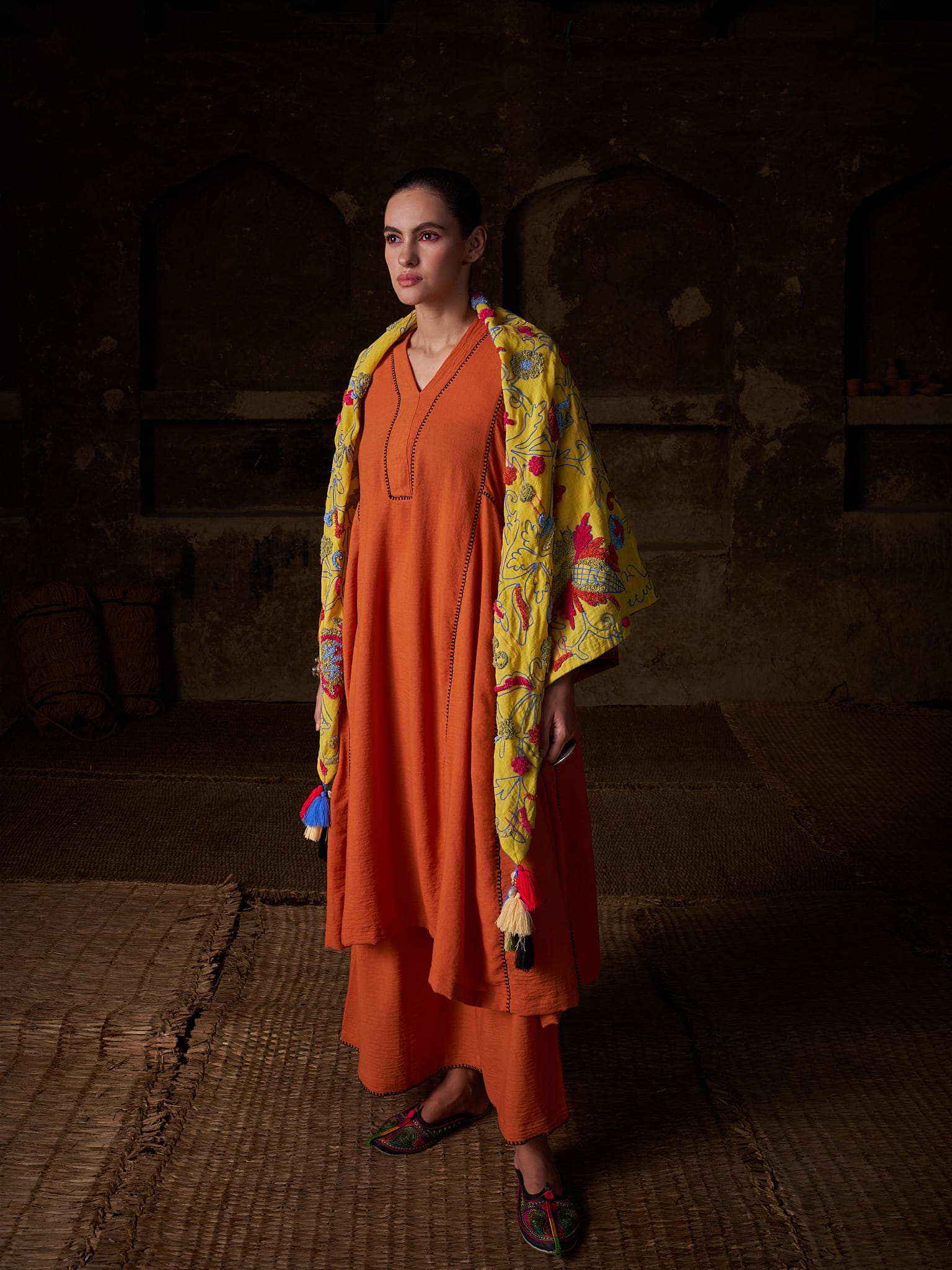 Orange Ari Embroidered Round Kurta Palazzo Scarf