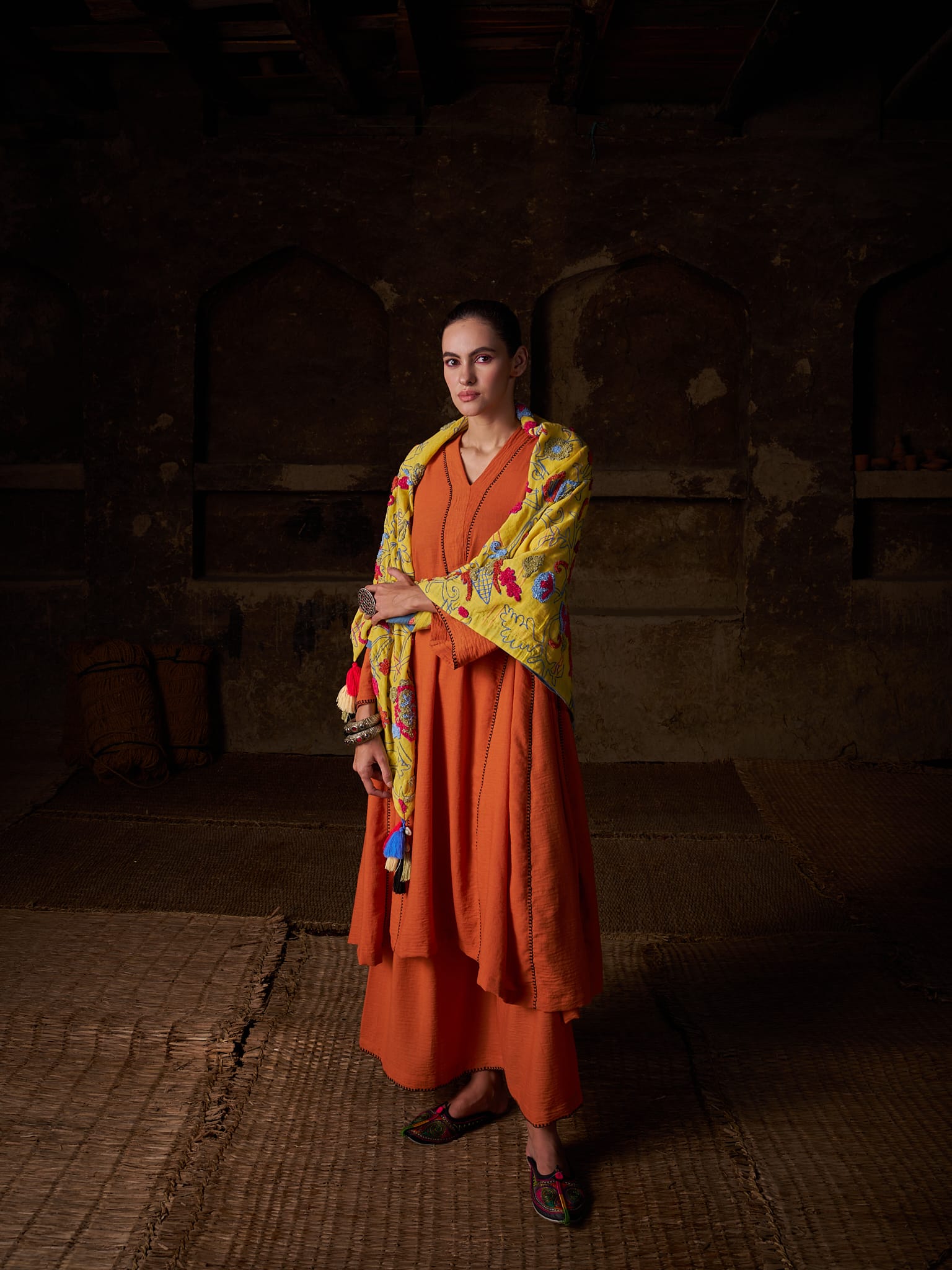 Orange Ari Embroidered Round Kurta Palazzo Scarf