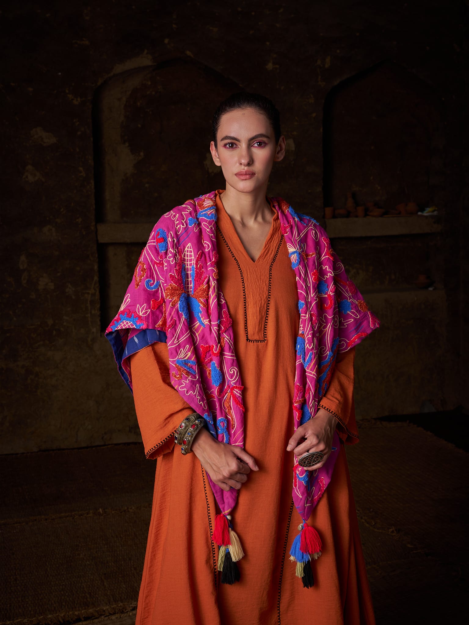Orange Ari Embroidered Round Kurta Palazzo Scarf