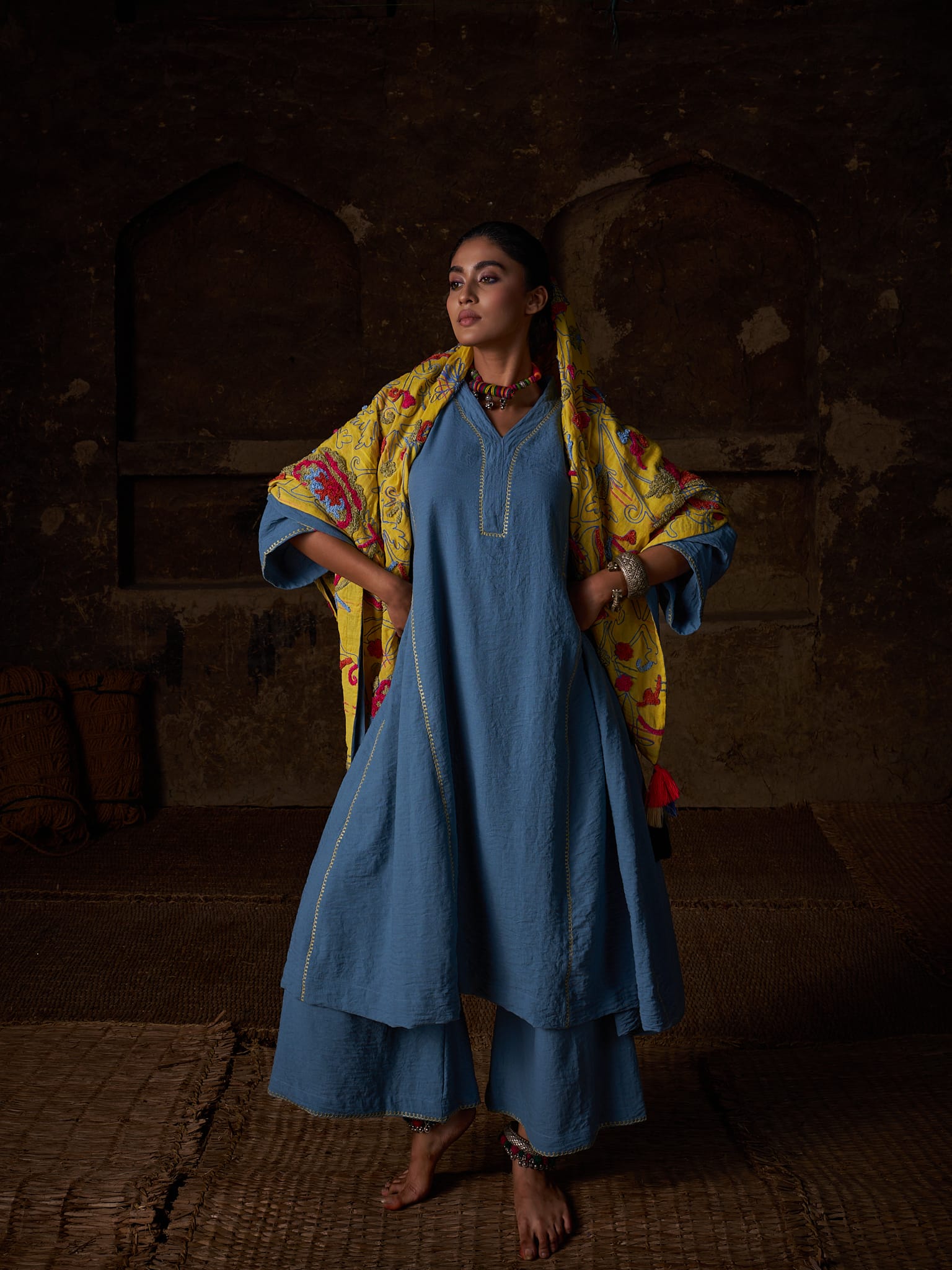 Blue Ari Embroidered Round Kurta Palazzo Scarf