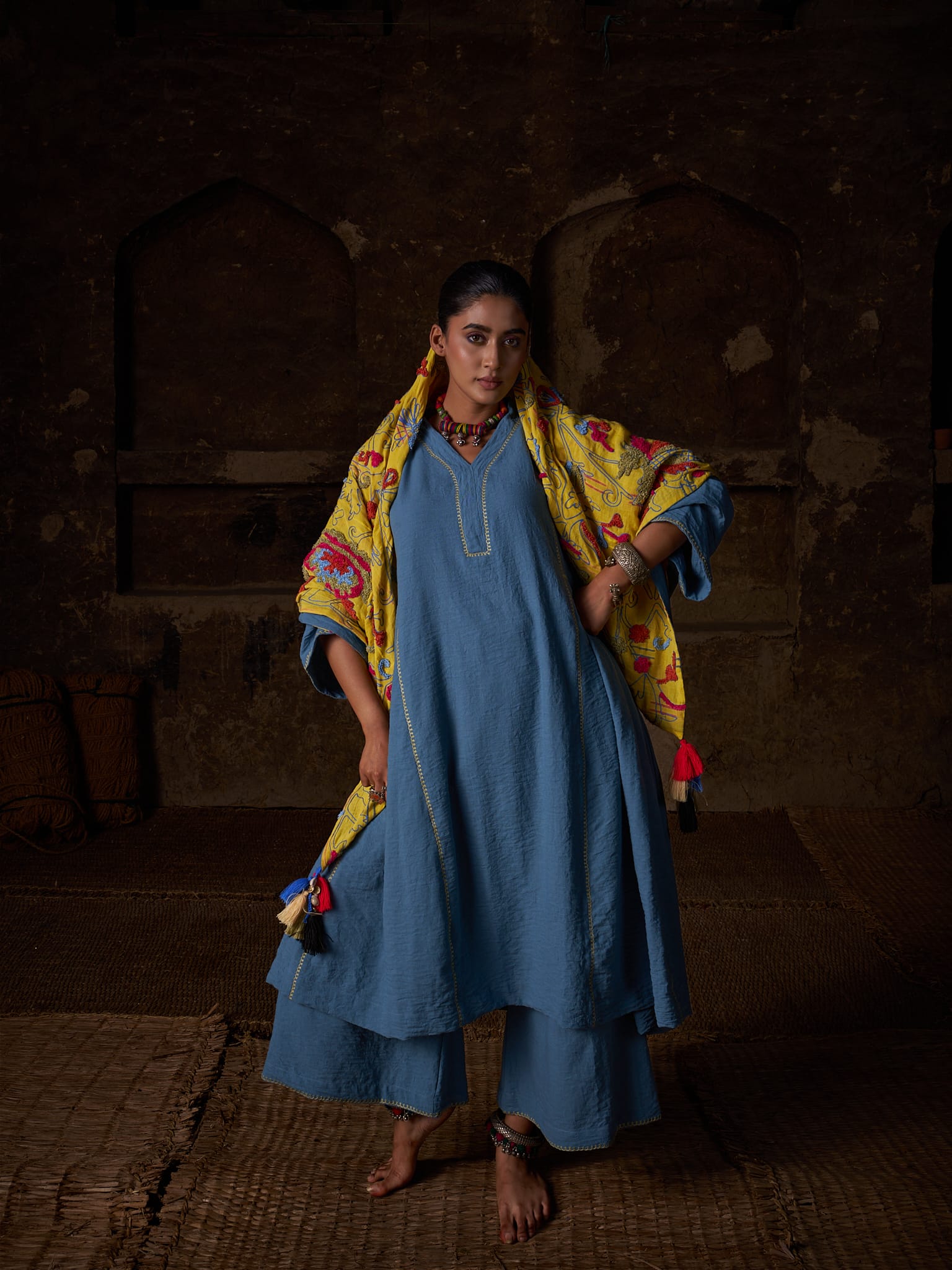 Blue Ari Embroidered Round Kurta Palazzo Scarf