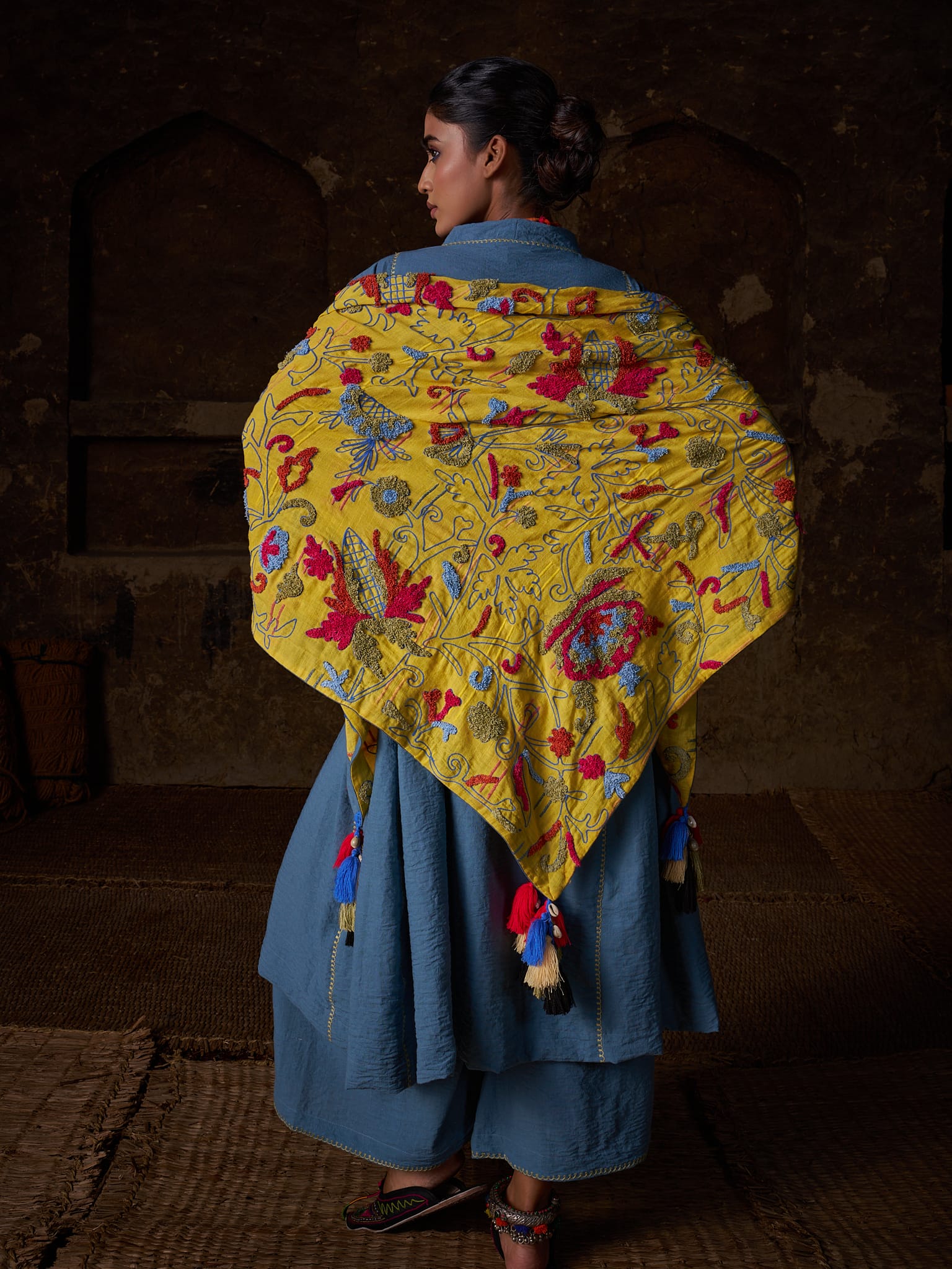 Blue Ari Embroidered Round Kurta Palazzo Scarf