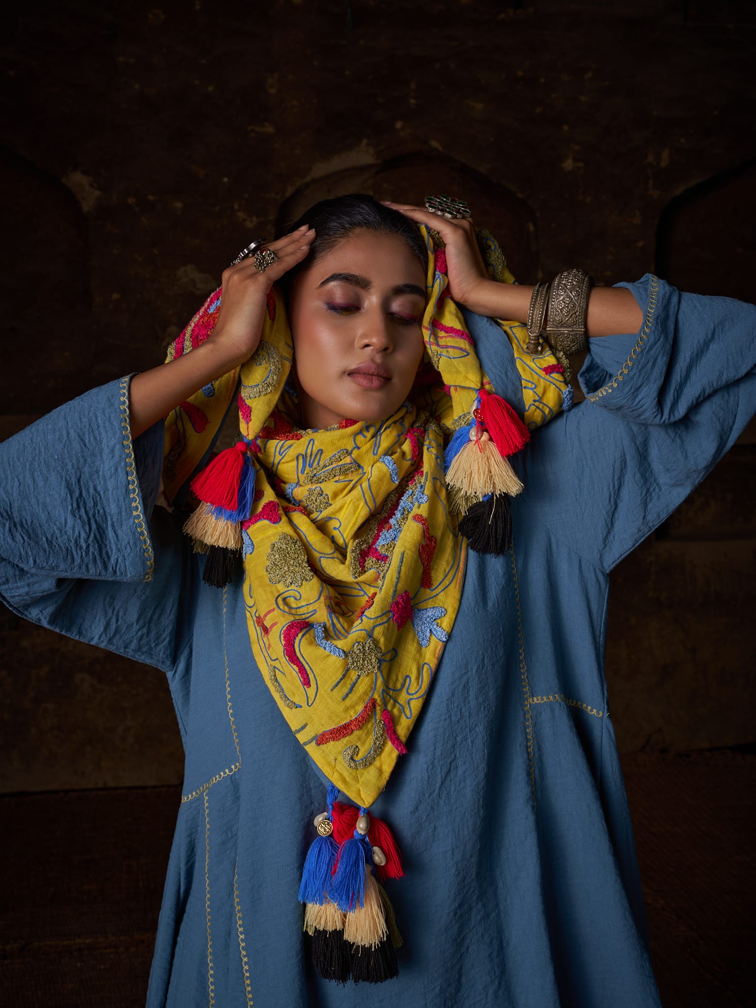 Blue Ari Embroidered Round Kurta Palazzo Scarf