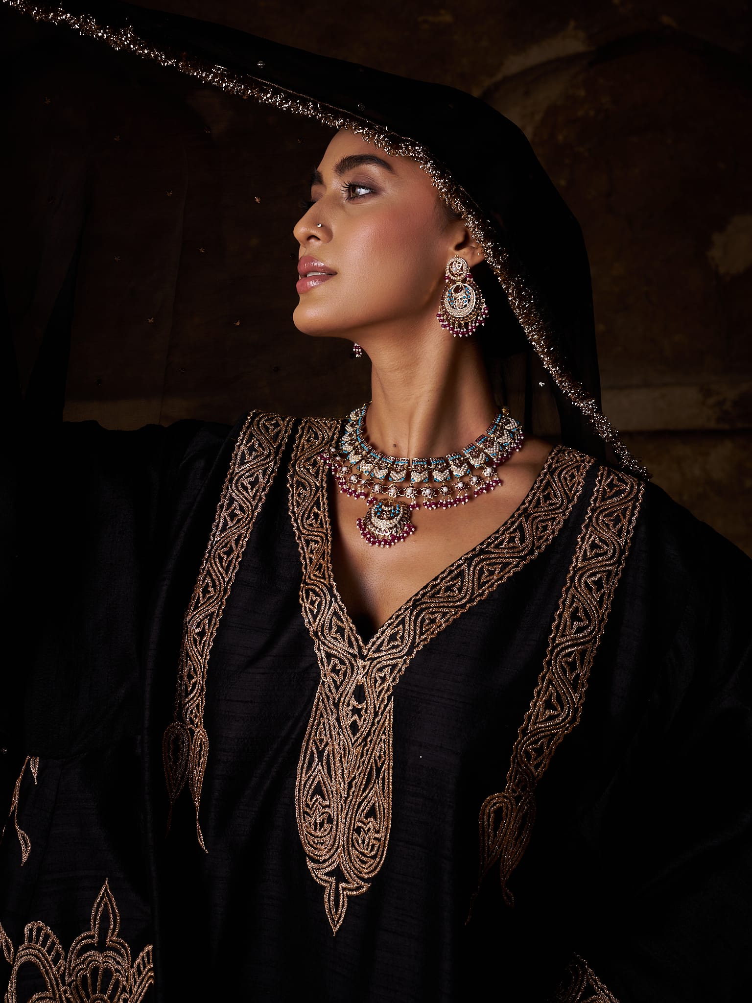 Black Raw Silk Kalidar Pheran Salwar Organza Mukaish Dupatta