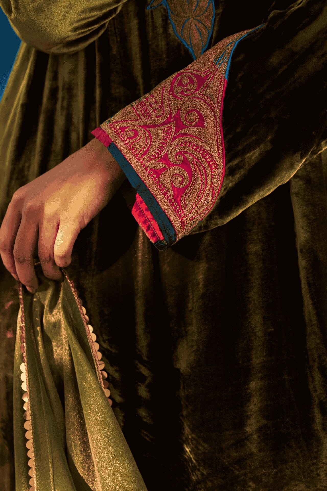 Olive Green and Pink Tilla Embroidered Kurta Salwar Tissue Dupatta