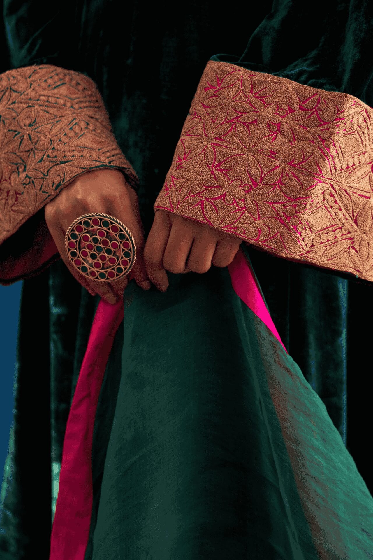 Bottle Green Tilla Embroidered kalidar Pheran Salwar Organza Dupatta