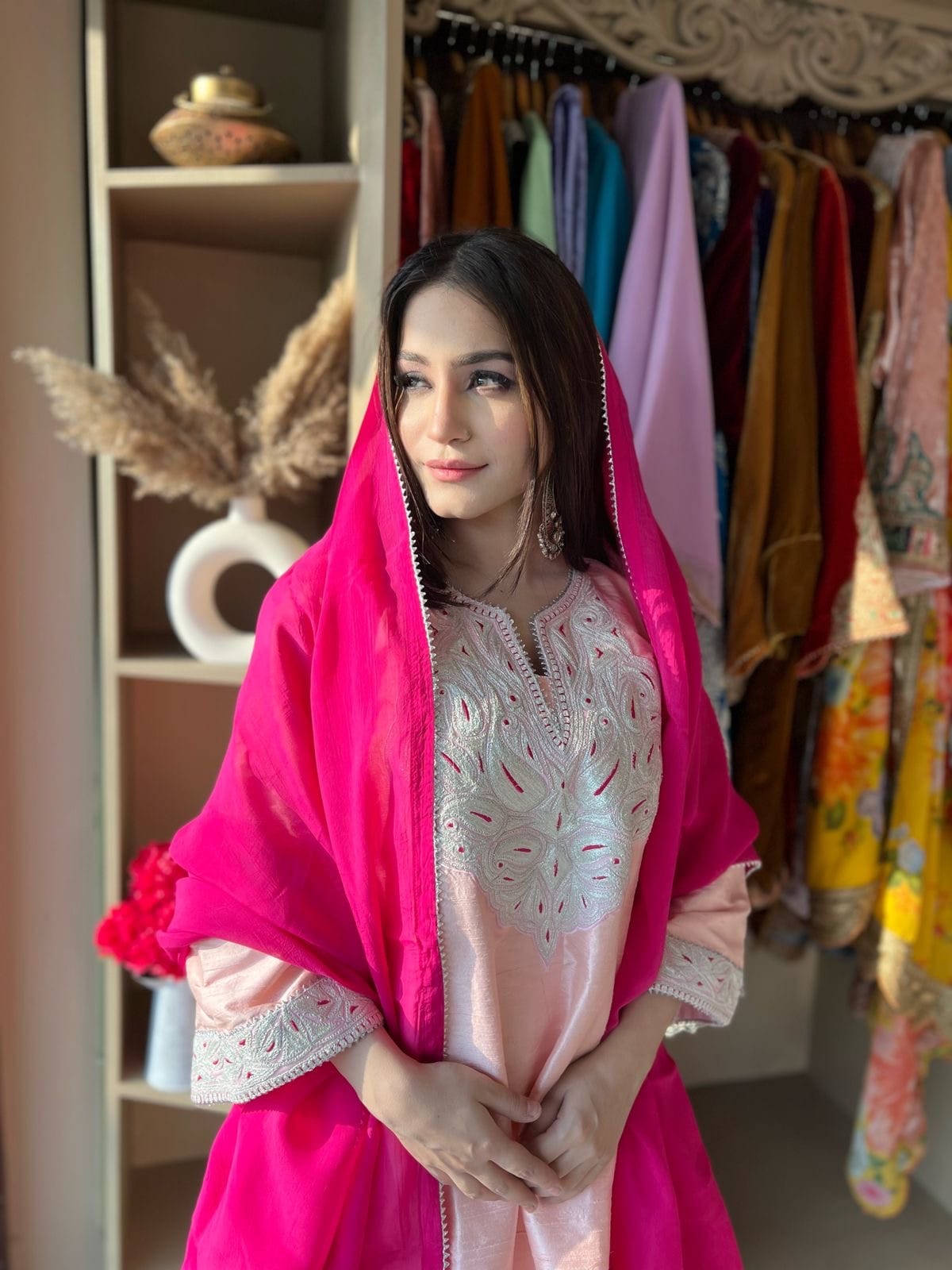 Pink Tilla  And Thread Embroidered Pheran Salwar Silk Dupatta
