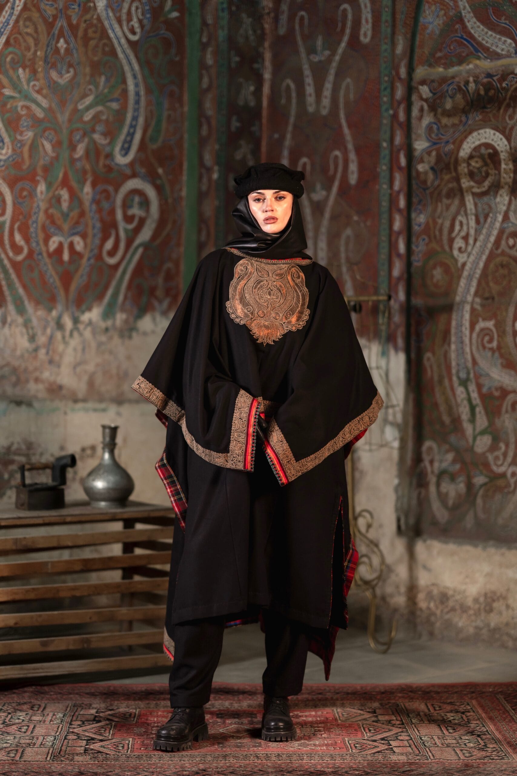 Piscean Pair Noir: Black Wool Tilla Embroidered Cape
