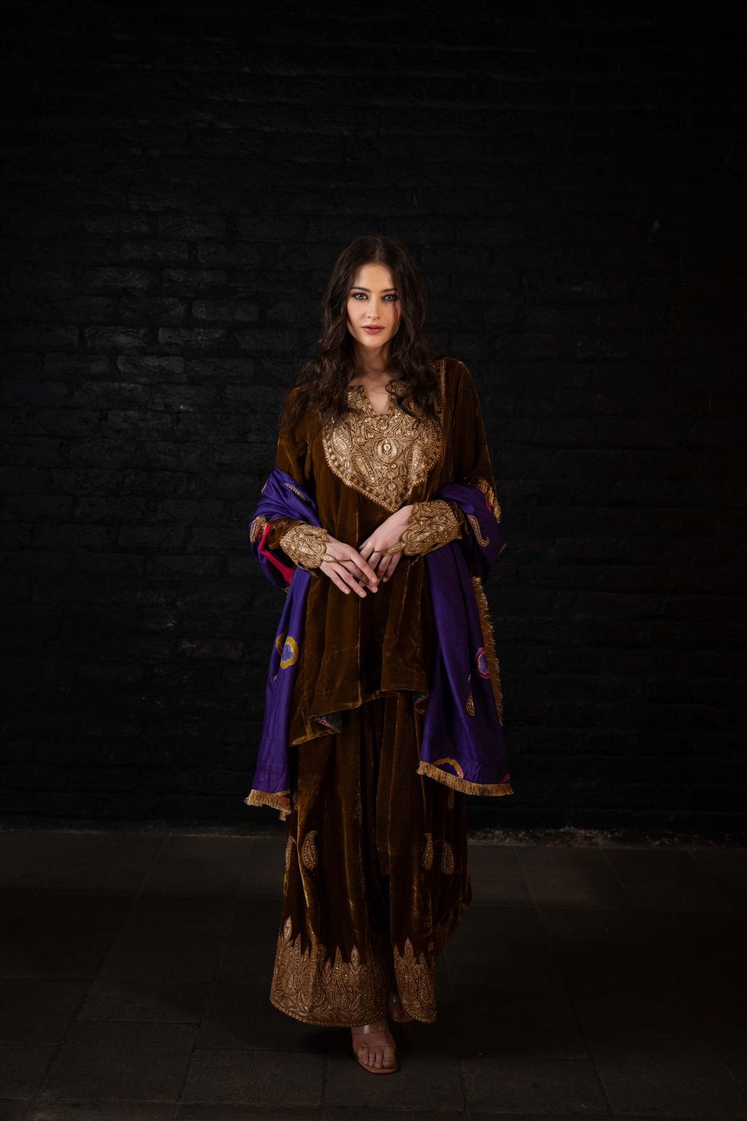 Mustard and Purple Tilla and Hand  Embroidered Round Pheran Farshi Salwar Silk Bandhani Dupatta