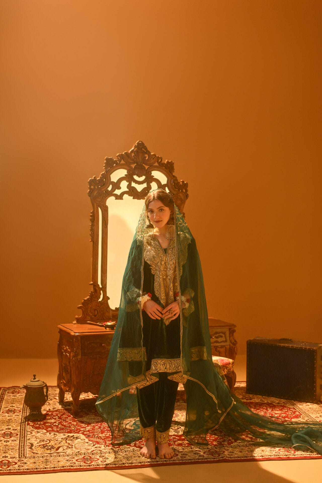 Bottle Green Tilla Embroidered Qurab Pheran Salwar Organza Dupatta