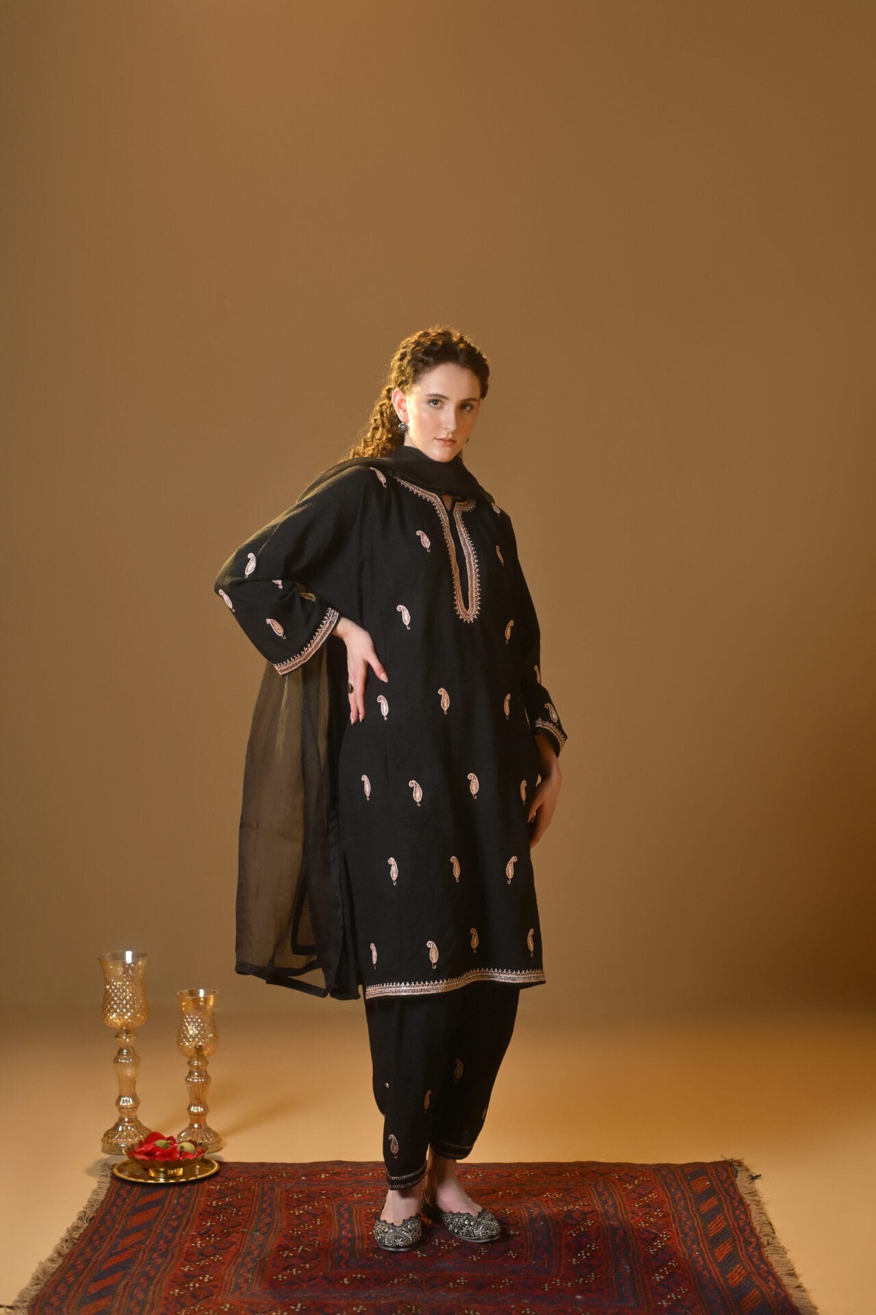 Black Hand Embroidered Pheran Salwar Organza Dupatta