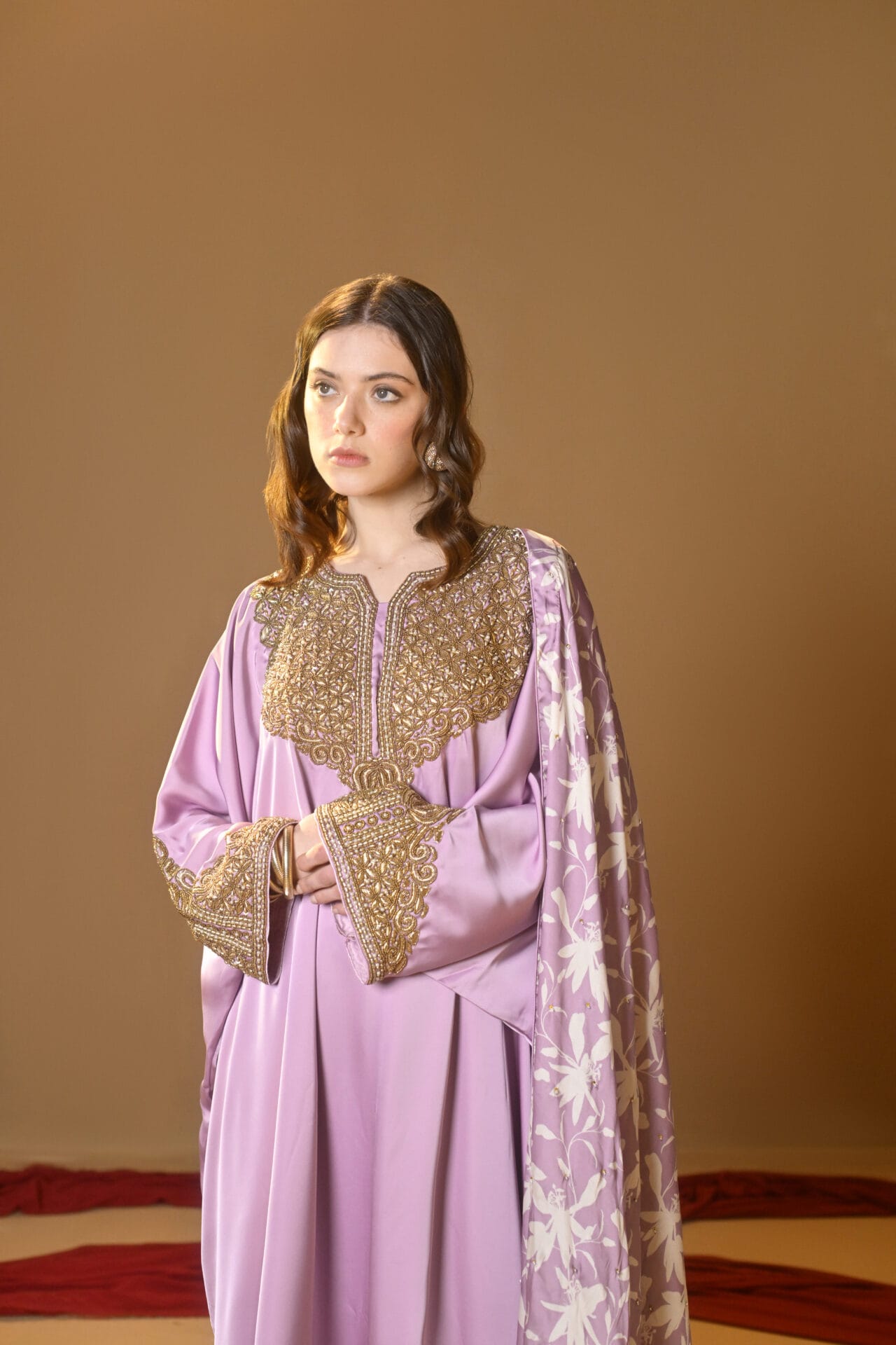 Lavender Tilla Embroidered Kaftaan Palazzo Printed Dupatta