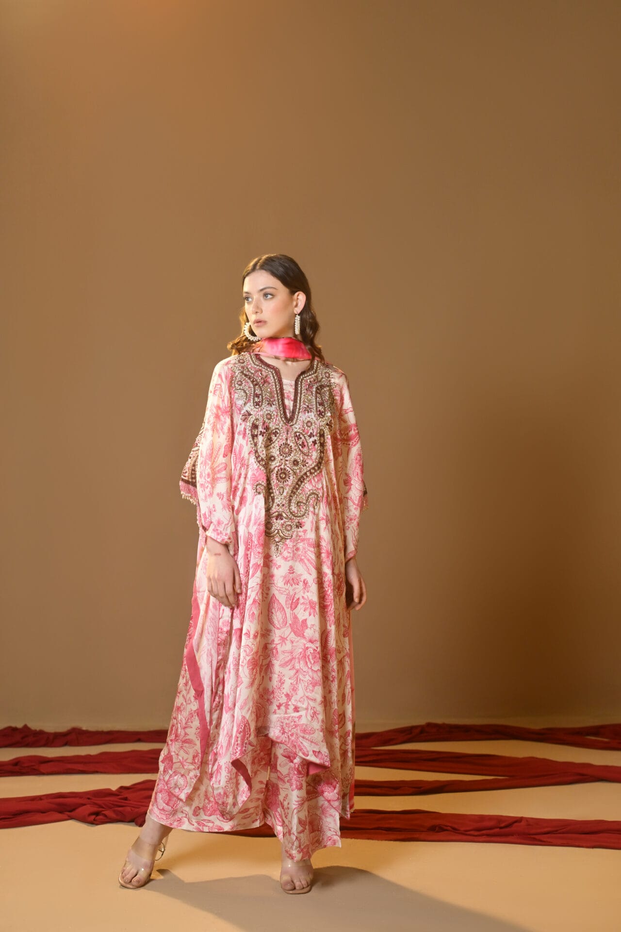Pink Printed Hand Embroidered Kaftan Palazzo Printed Dupatta