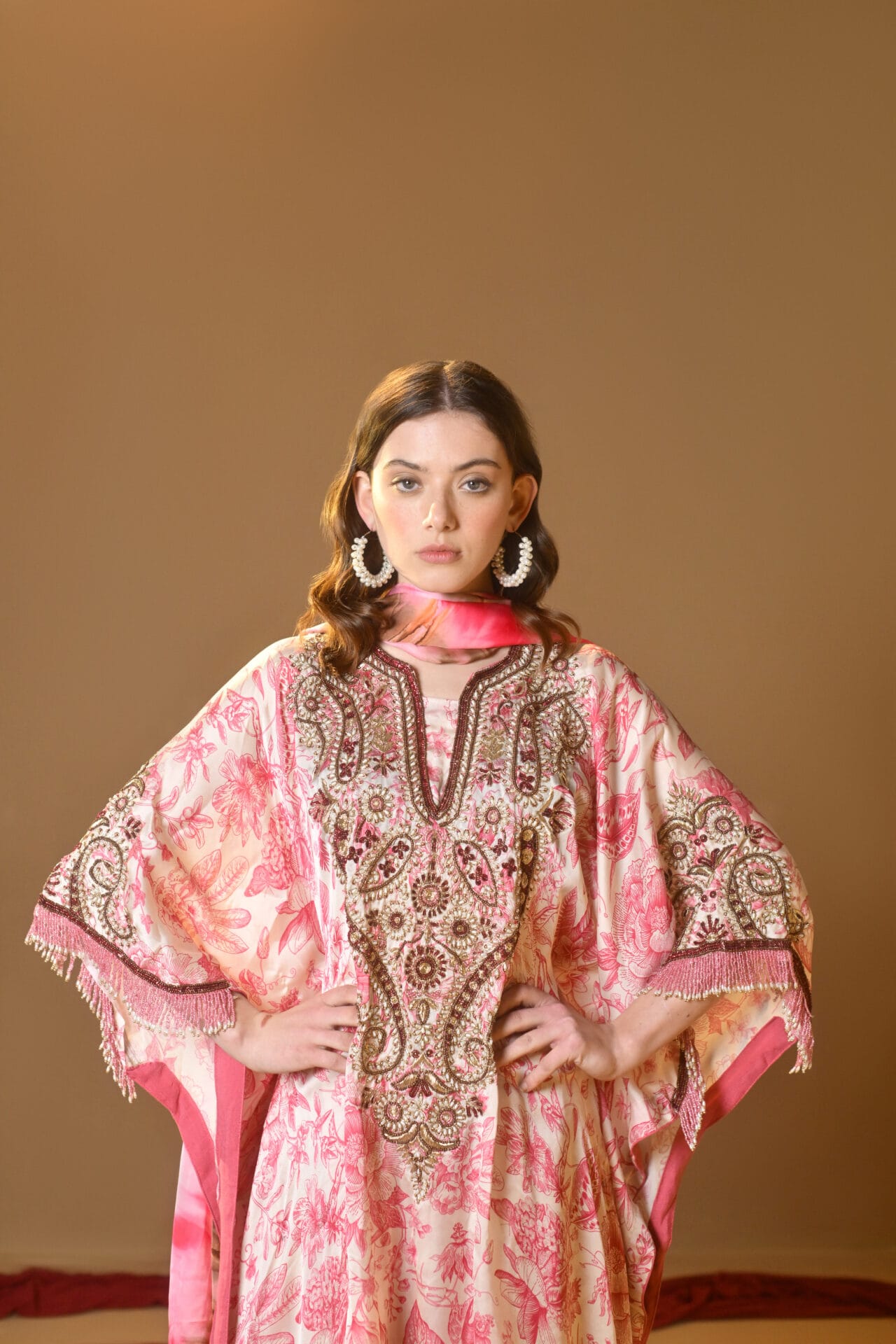 Pink Printed Hand Embroidered Kaftan Palazzo Printed Dupatta