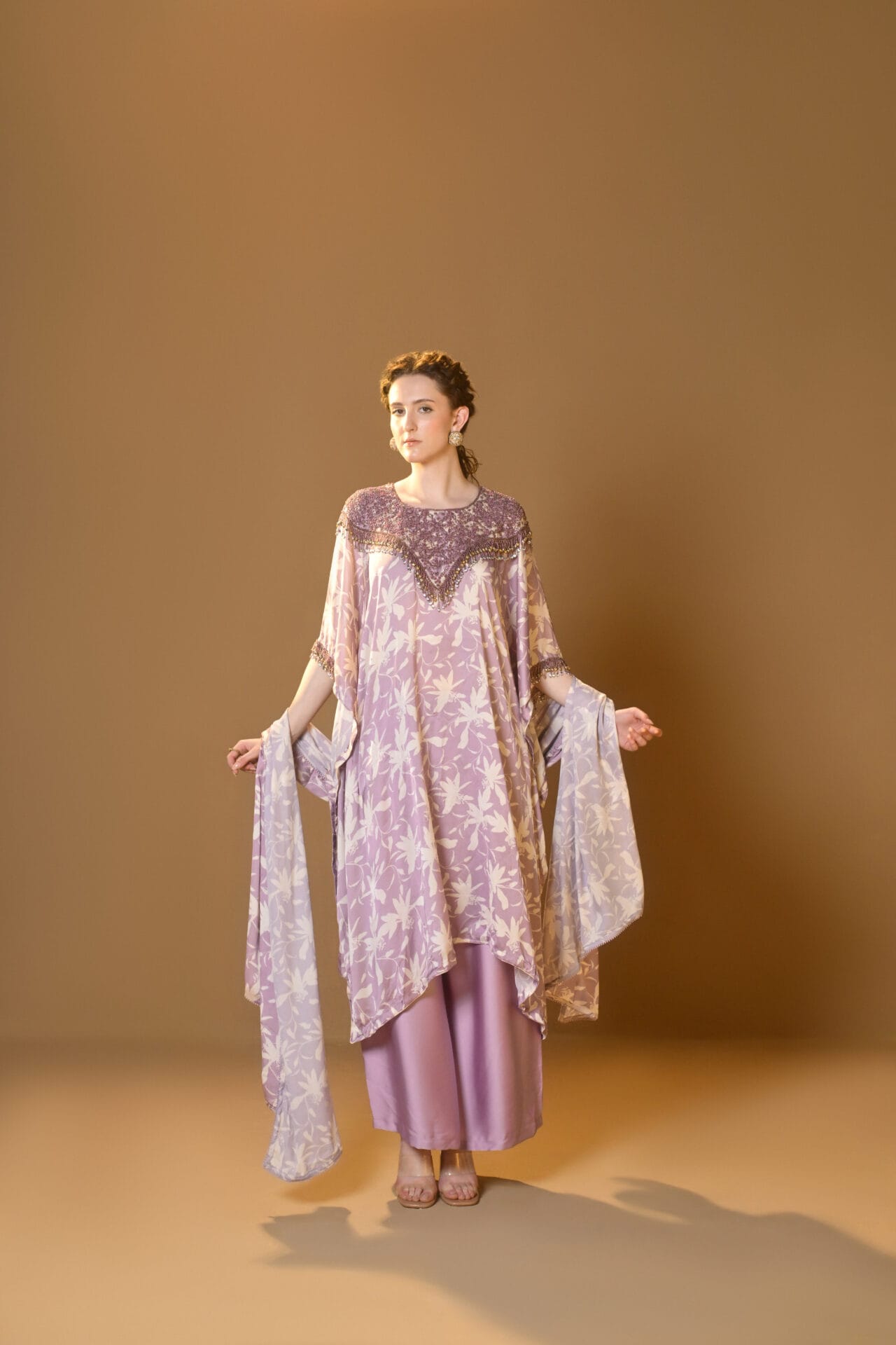 Purple Printed Hand Embroidered Kaftaan Palazzo Printed Dupatta