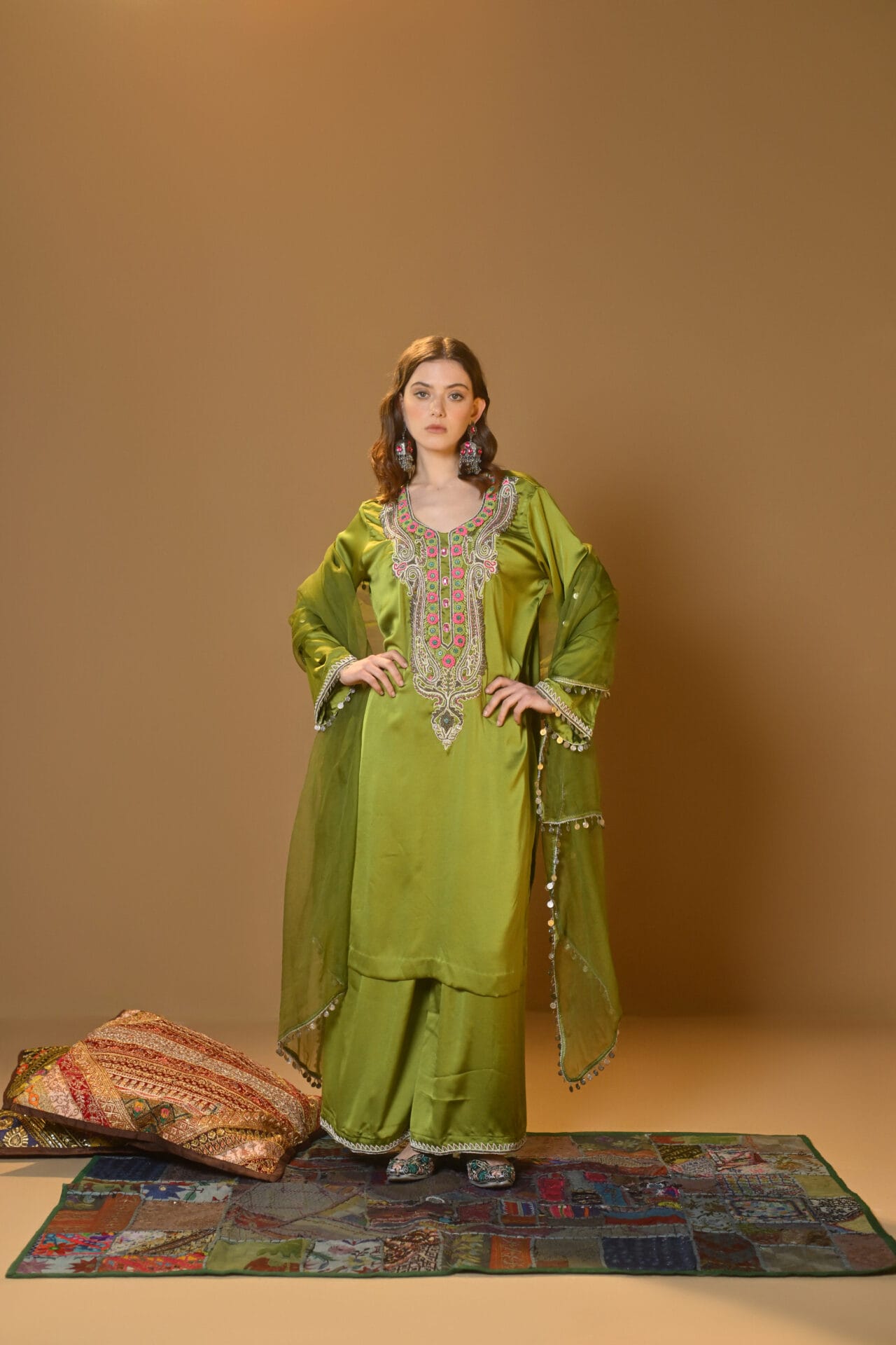 Lime Green Hand Embroidered Kurta Palazzo Organza Dupatta