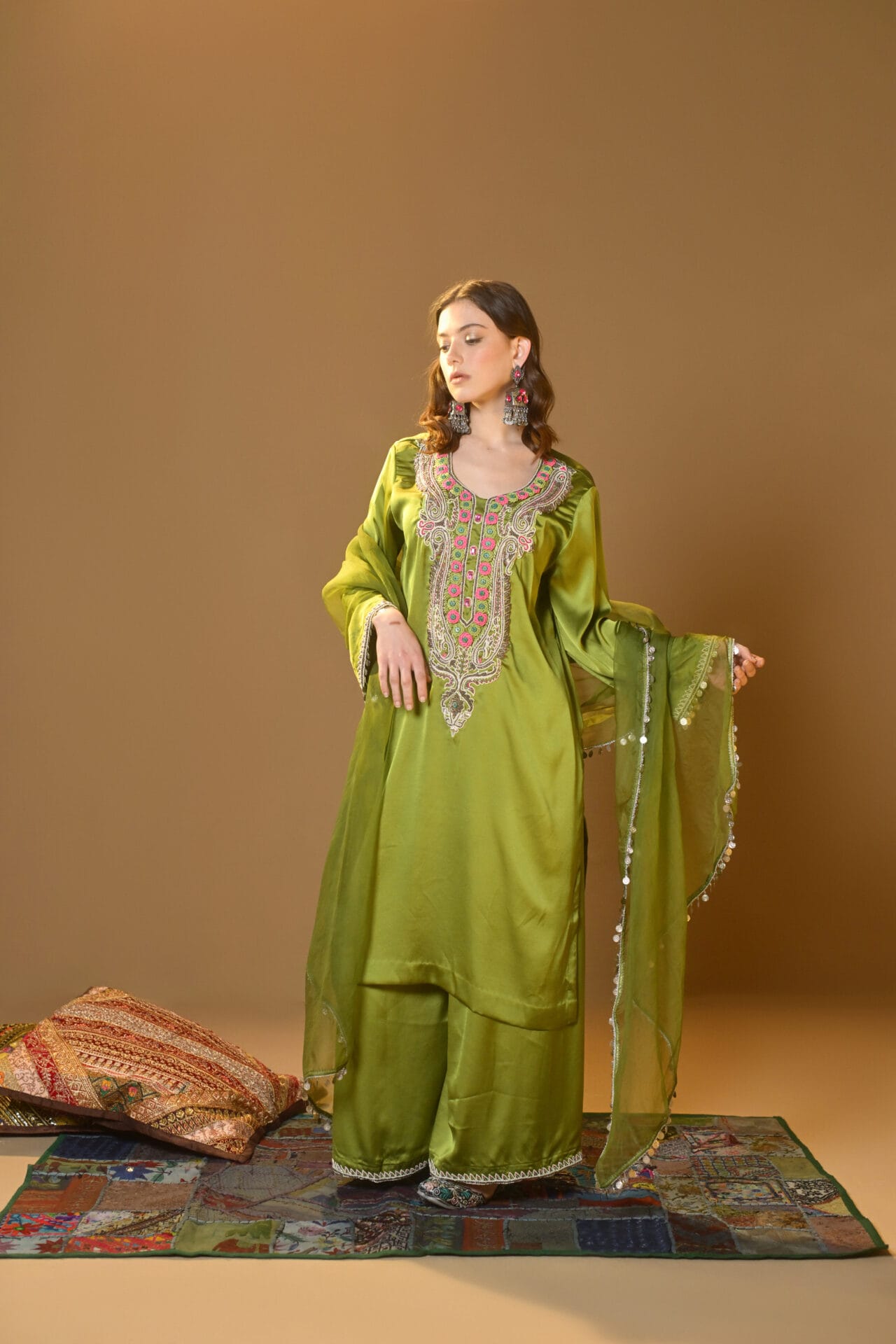 Lime Green Hand Embroidered Kurta Palazzo Organza Dupatta