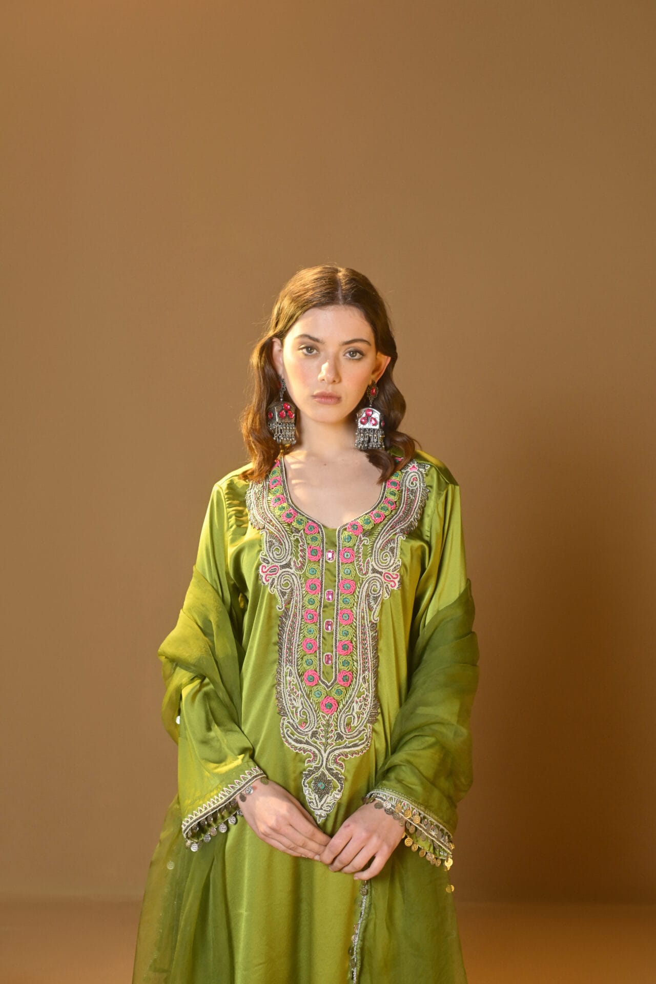 Lime Green Hand Embroidered Kurta Palazzo Organza Dupatta