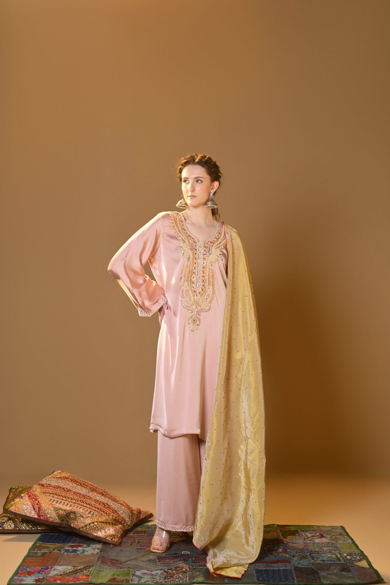 Salmon Pink Hand Embroidered Kurta Pallazo Organza Dupatta