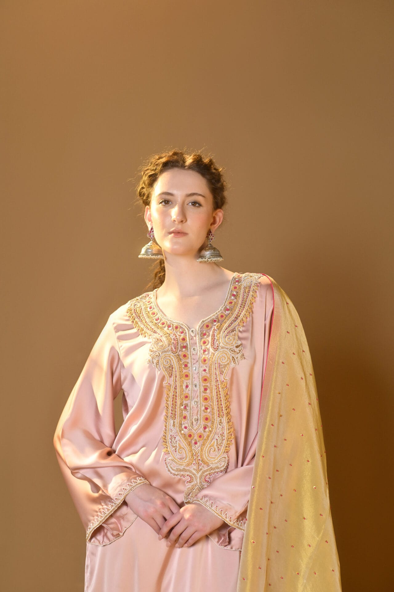 Salmon Pink Hand Embroidered Kurta Pallazo Organza Dupatta
