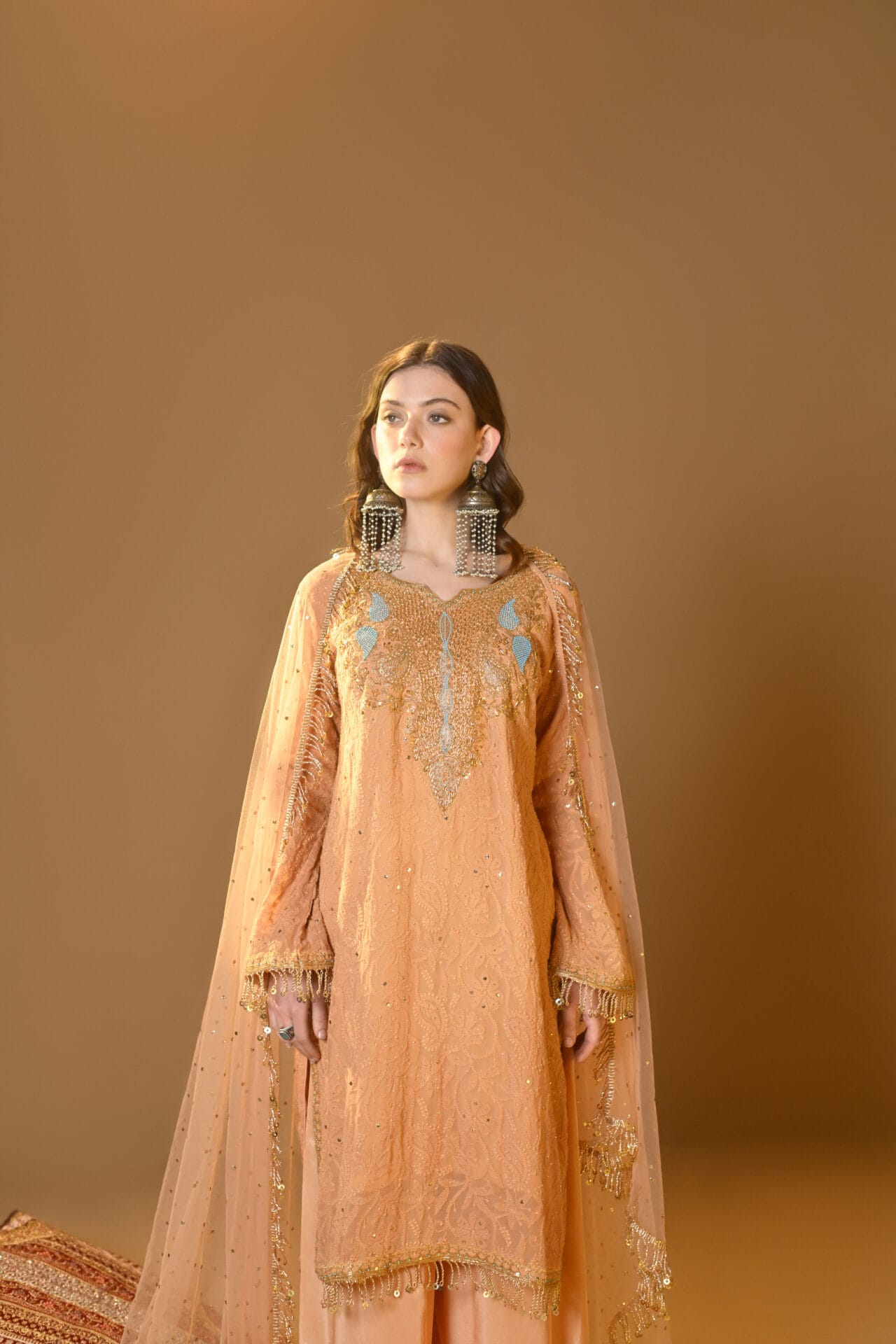 Peach Hand Embroidered Kurta Palazzo Net Mukaish Dupatta
